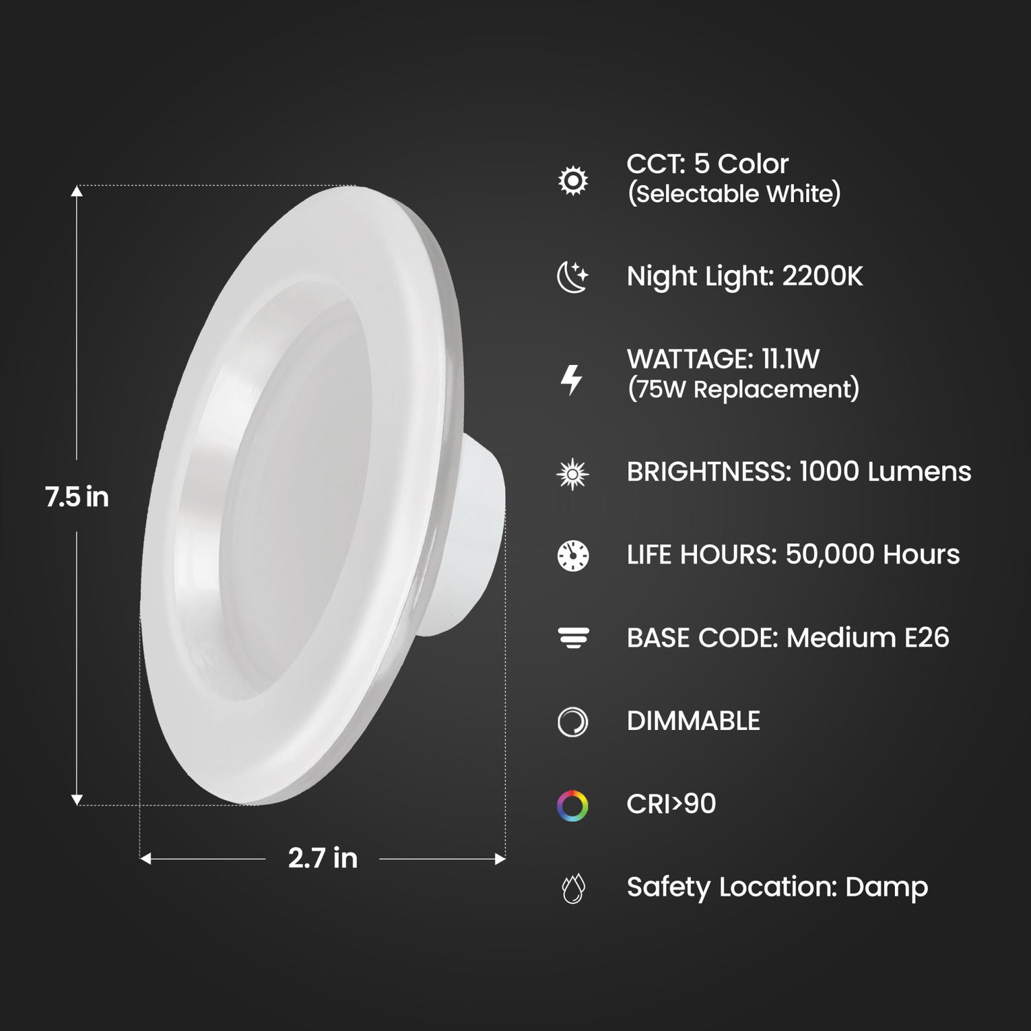 5-6 in. 11.1W (75W Replacement) Selectable White LED Downlight with Night Light