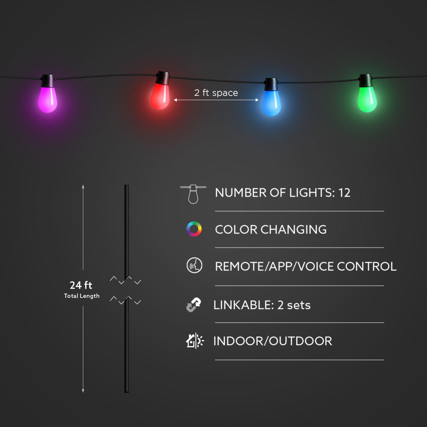 24 ft. Color Changing Smart LED String Lights