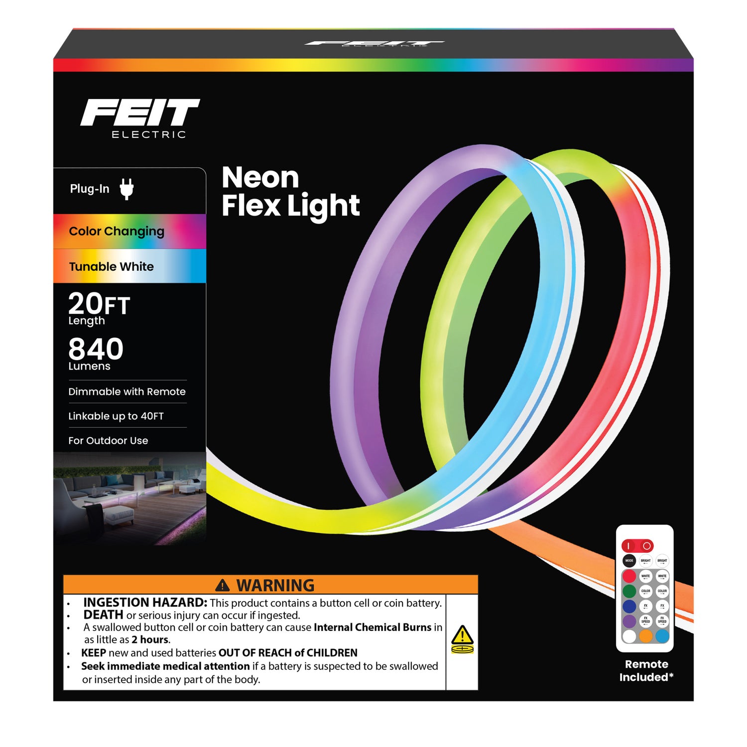 20 ft Outdoor Color & Tunable White Neon Flex Light with Remote