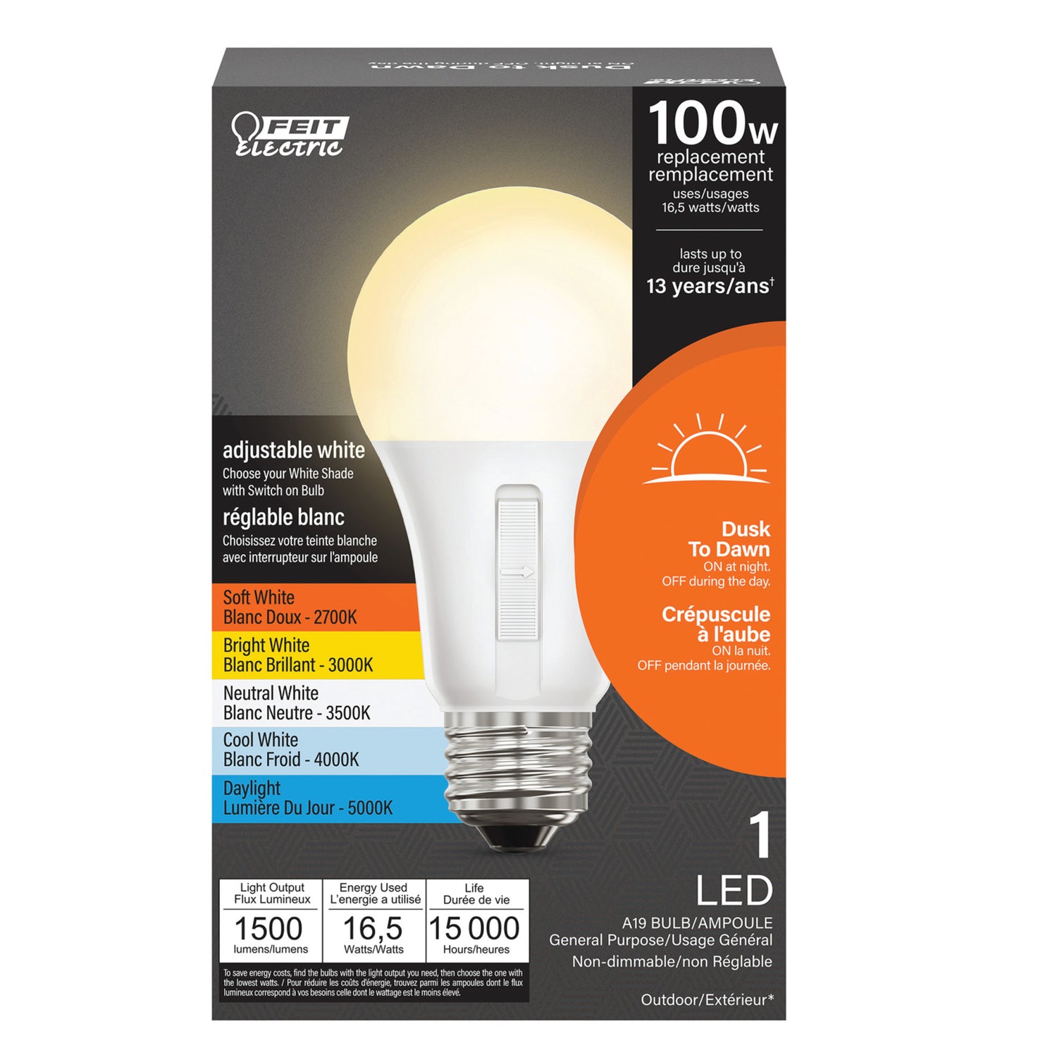 16.5W (100W Replacement) Adjustable White Dusk to Dawn LED Bulb