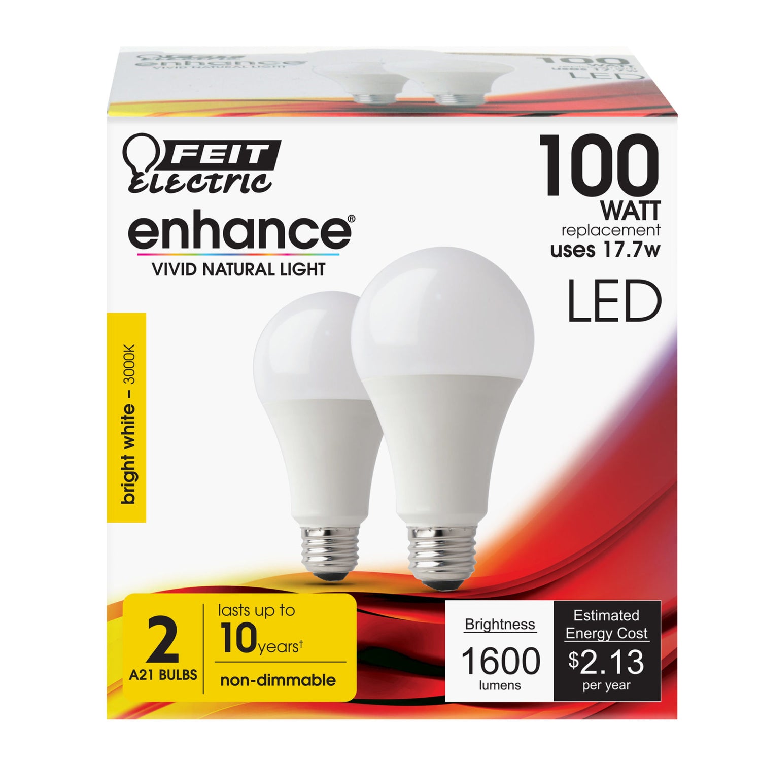 17.7W (100W Replacement) Bright White (3000K) E26 Base A19 Non-Dimmable Enhance 10K LED Light Bulb (2-Pack)