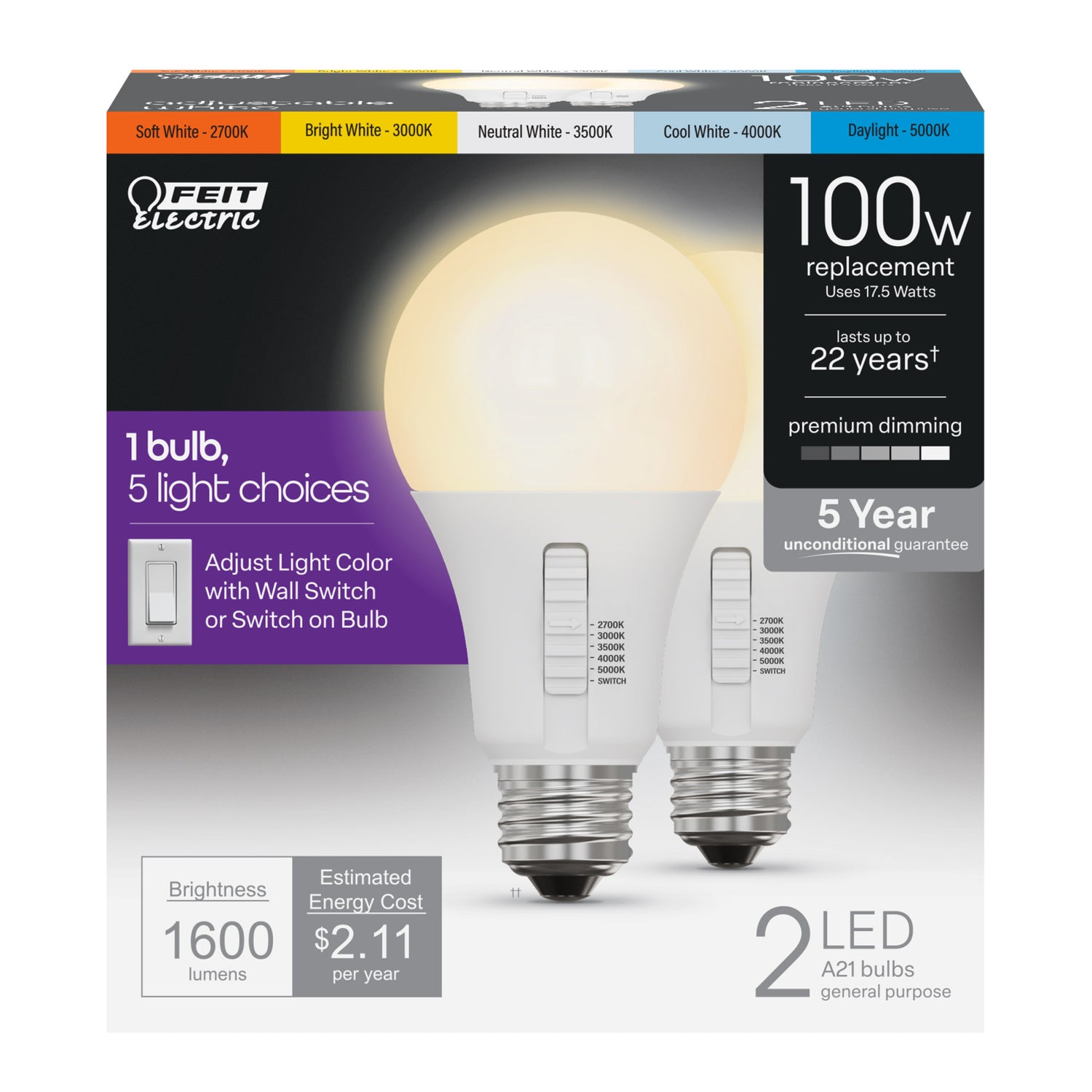 17.5W (100W Equivalent) Selectable White (5CCT) Dimmable LED Light Bulb (2-Pack)