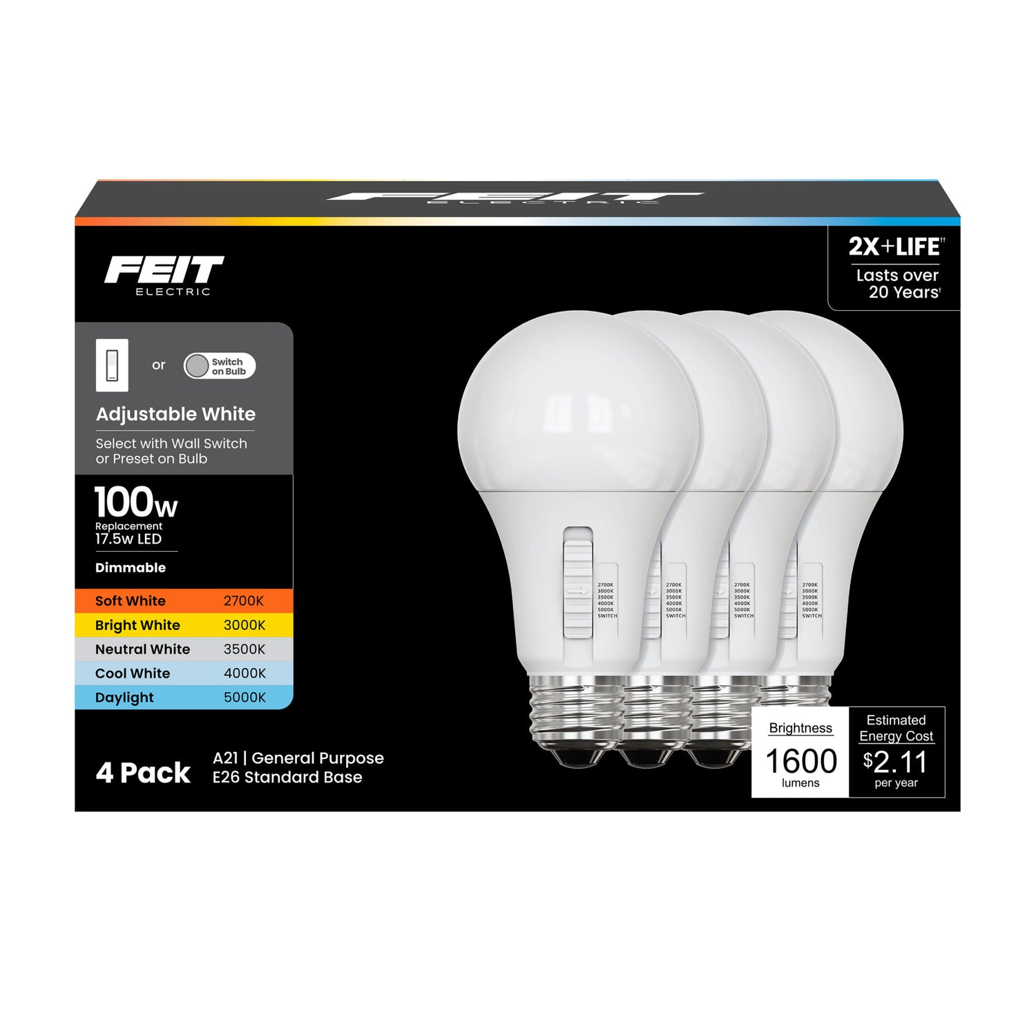 17.5W (100W Equivalent) Adjustable White Dimmable LED Light Bulb (4-Pack)