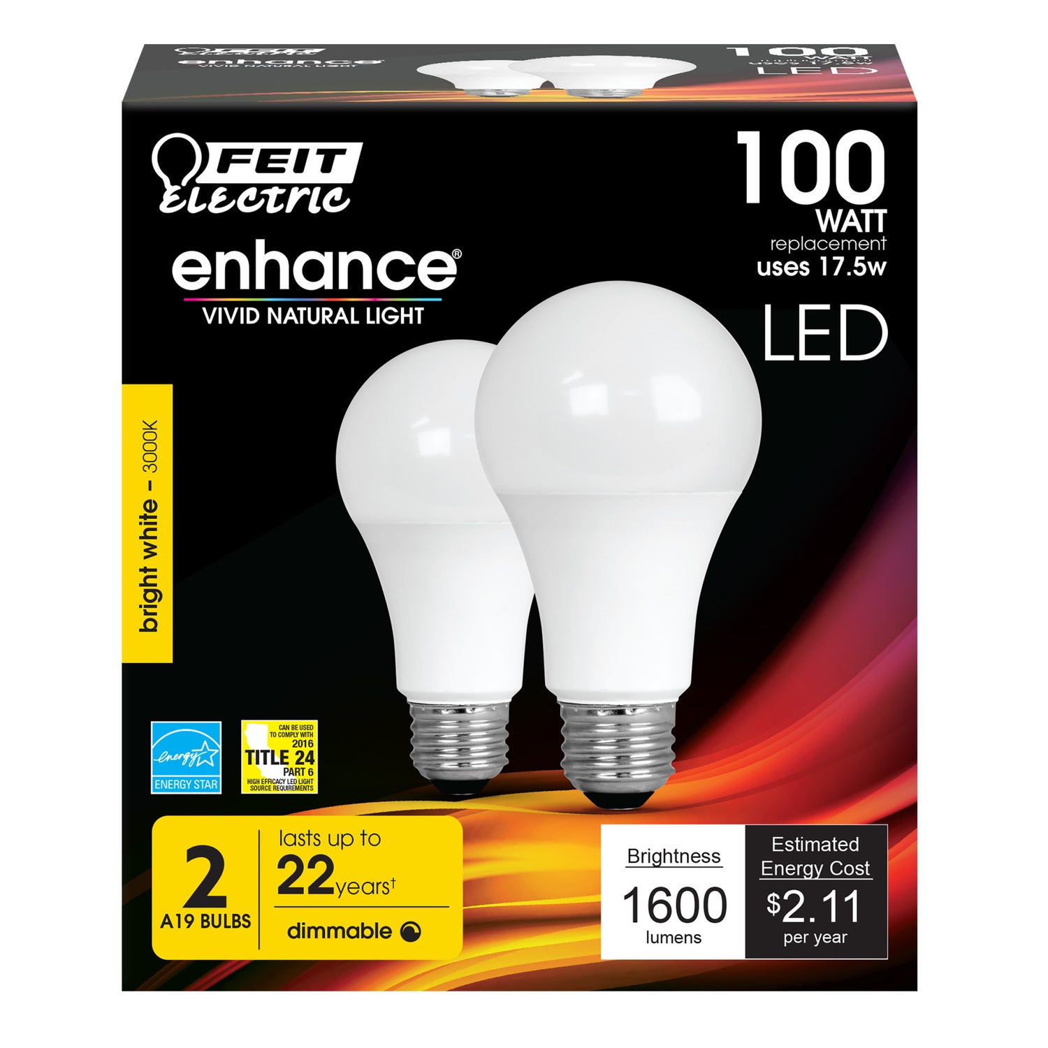 17.5W (100W Replacement) Warm White (3000K) A19 (E26 Base) Dimmable Enhance LED (2-Pack)