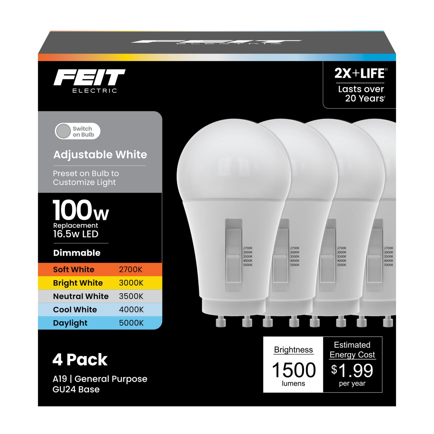 16.5W (100W Replacement) Adjustable White GU24 Base A19 LED Bulb (4-Pack)