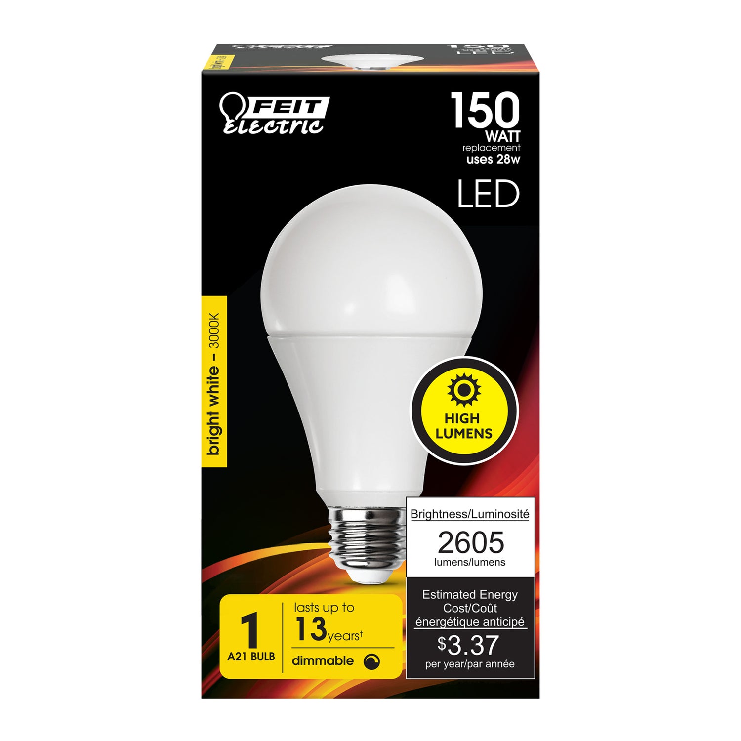 28W (150W Replacement) Bright White (3000K) A21 E26 Base Dimmable High Lumen LED