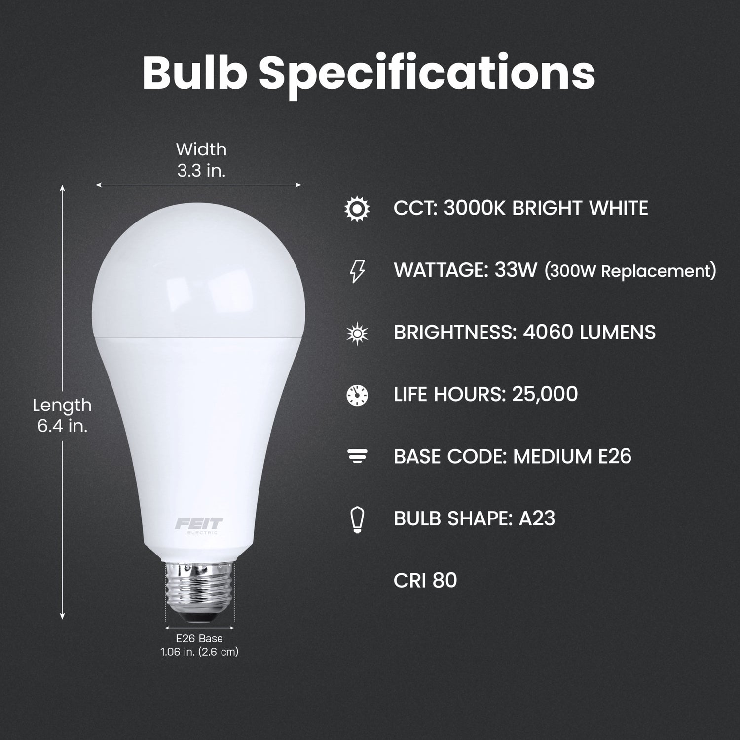 33W (300W Replacement) Bright White (3000K) E26 Base A23 High Output LED