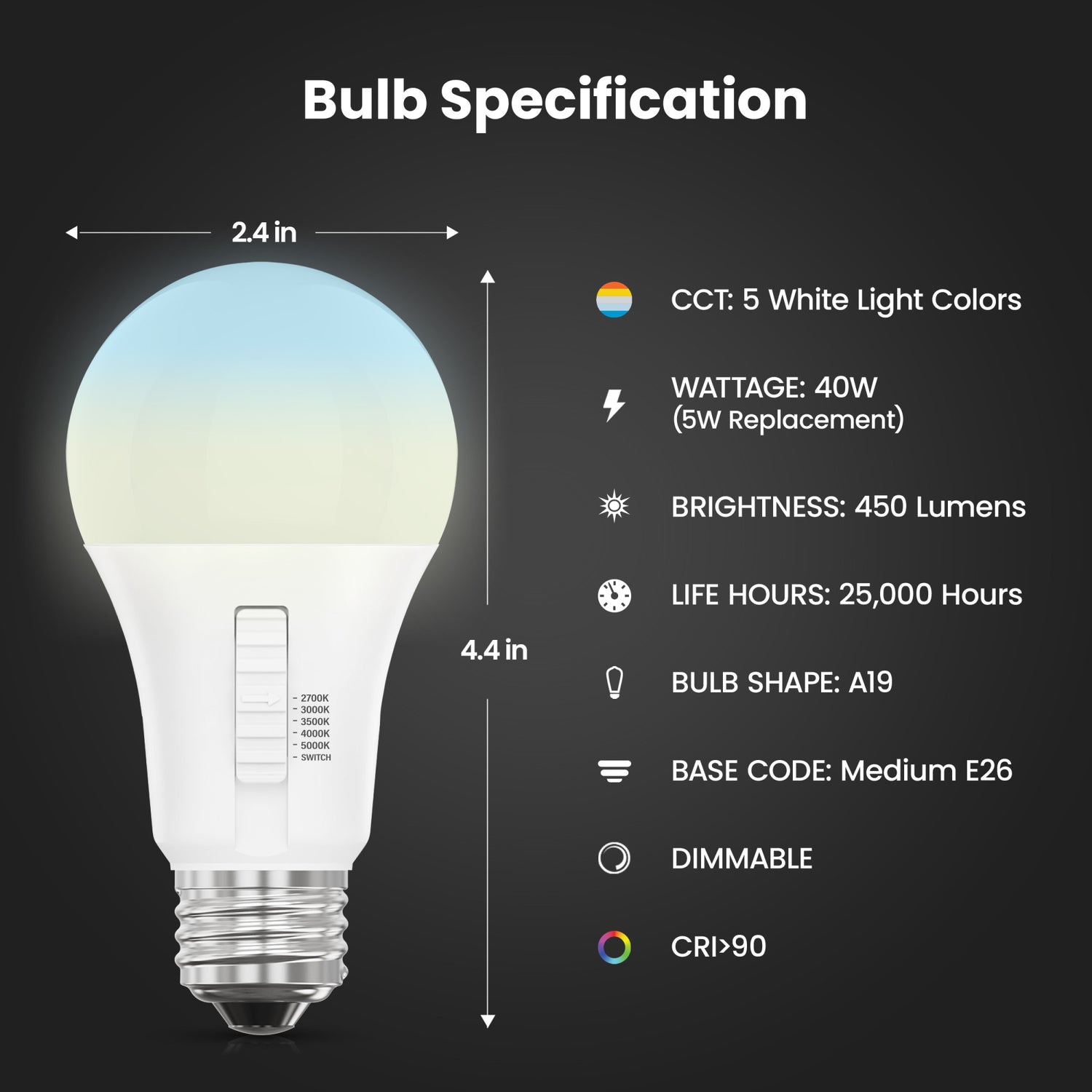 5W (40-Watt Equivalent) Selectable White (5CCT) A19 E26 Base Dimmable General-Purpose LED Bulb (2-Pack)