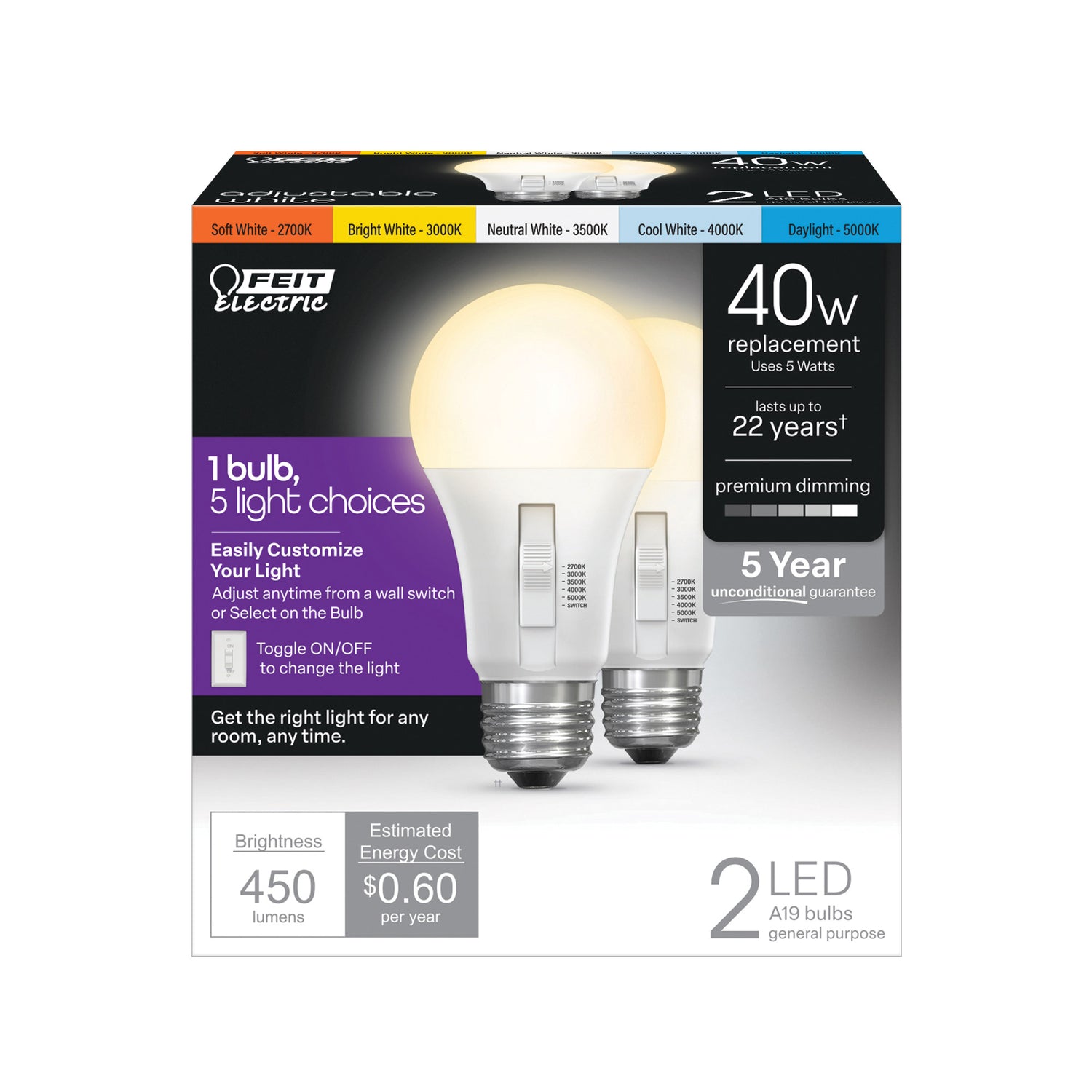 5W (40-Watt Equivalent) Selectable White (5CCT) A19 E26 Base Dimmable General-Purpose LED Bulb (2-Pack)