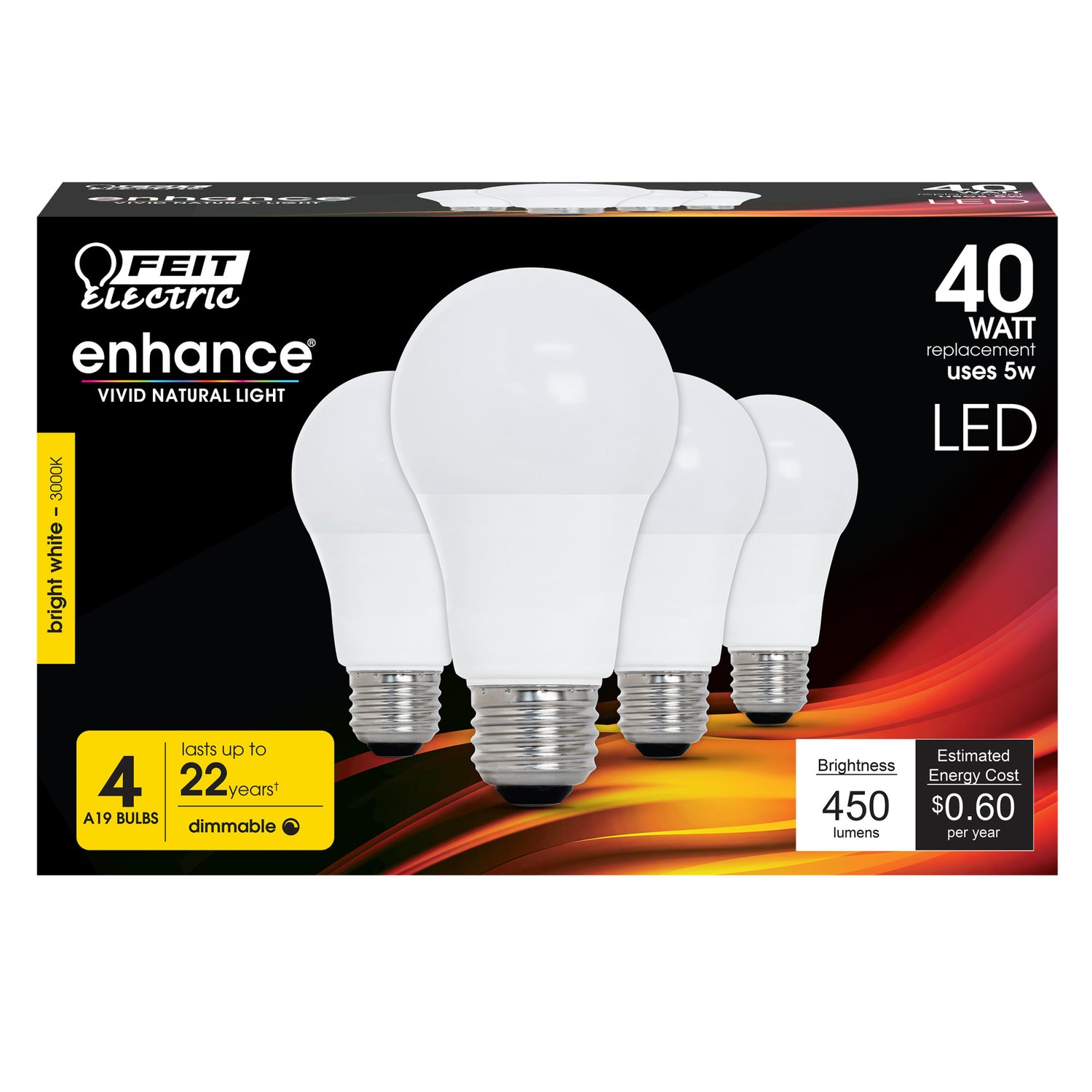 5W (40W Replacement) Bright White (3000K) A19 Dimmable General Purpose LED (4-Pack)