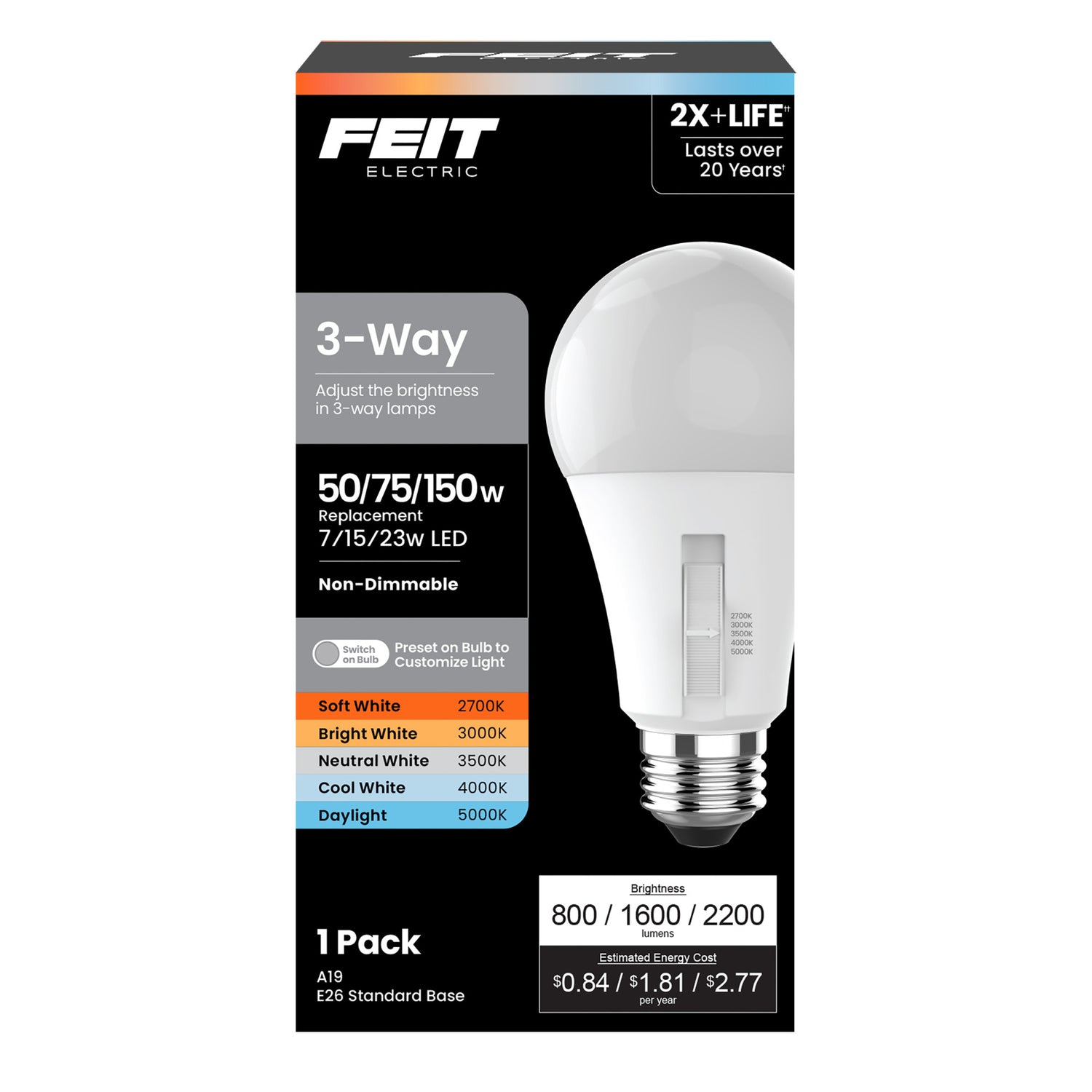 7/15/23W (50/75/150W Replacement) Adjustable White E26 Base A19 Non-Dimmable 3-Way Switch LED Bulb