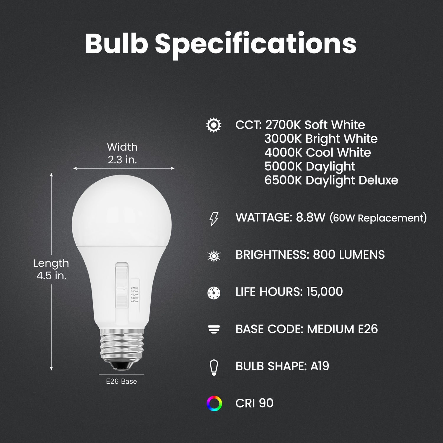 8.8W (60W Replacement) Adjustable White E26 Base A19 Dimmable LED Bulb (4-Pack)