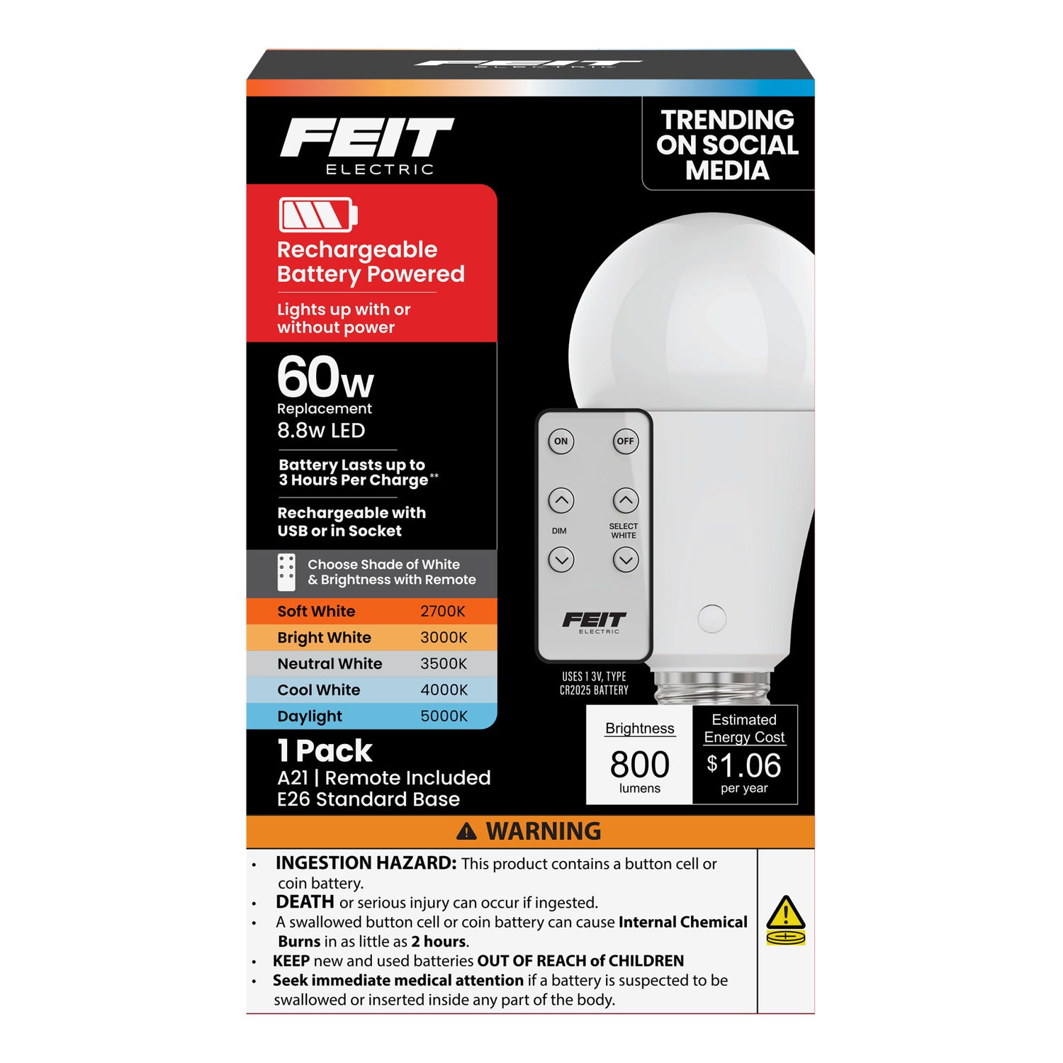 8.8W (60W Replacement) Adjustable White Rechargeable Battery-Powered LED Bulb with Remote