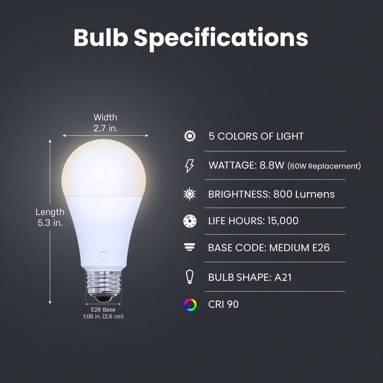 8.8W (60W Replacement) Adjustable White Rechargeable Battery-Powered LED Bulb with Remote