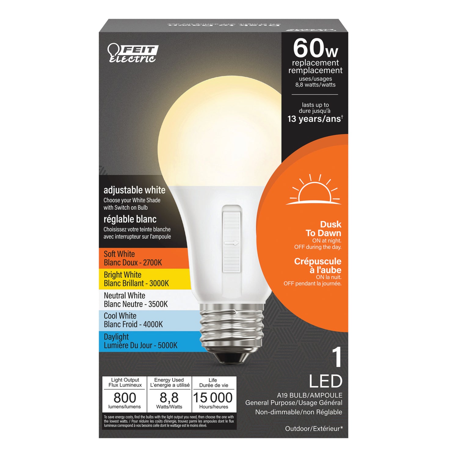 8.8W (60W Replacement) Adjustable White Dusk to Dawn Outdoor LED Bulb