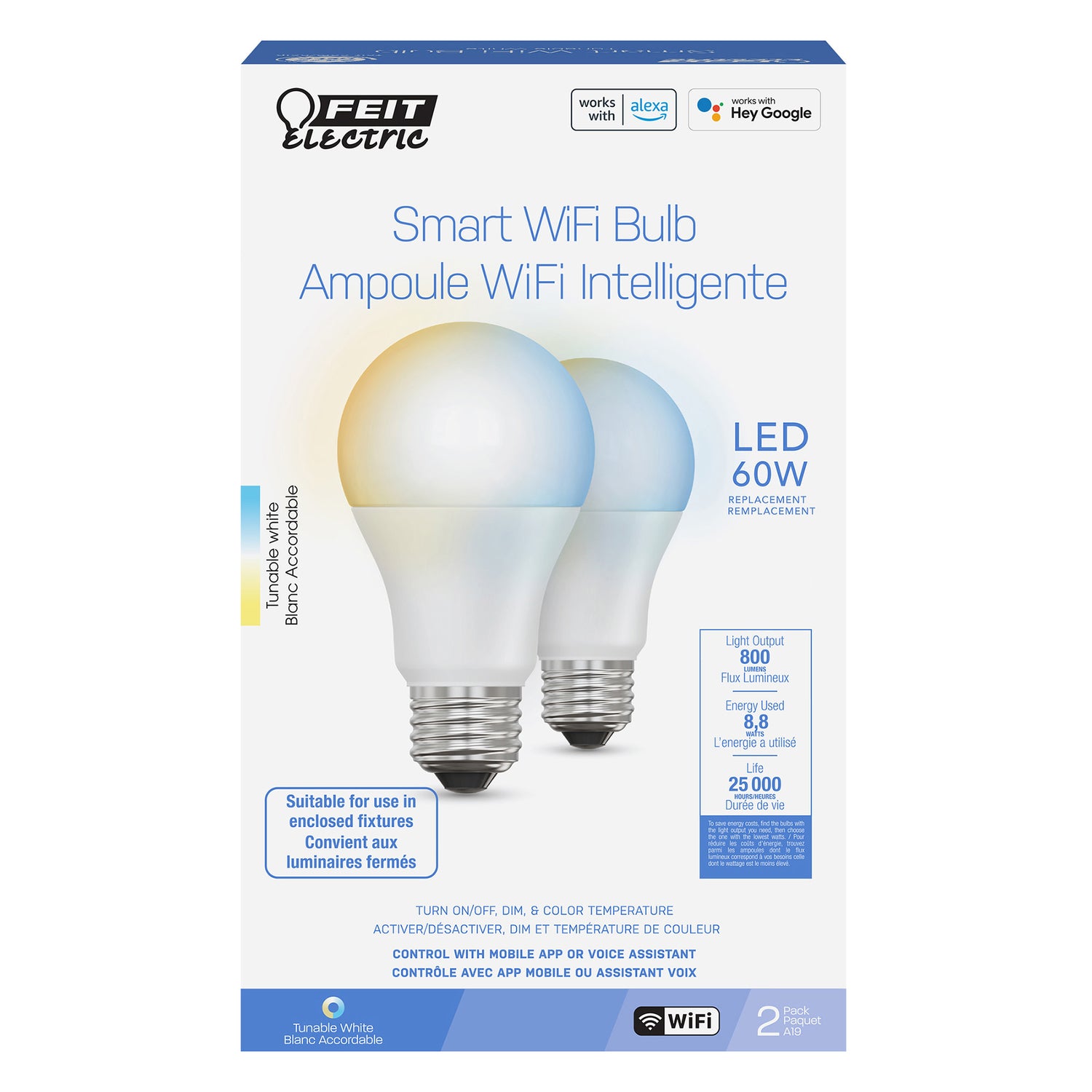 8.8W (60W Replacement) Tunable White E26 Base A19 Smart WiFi LED Light Bulb (2-Pack)