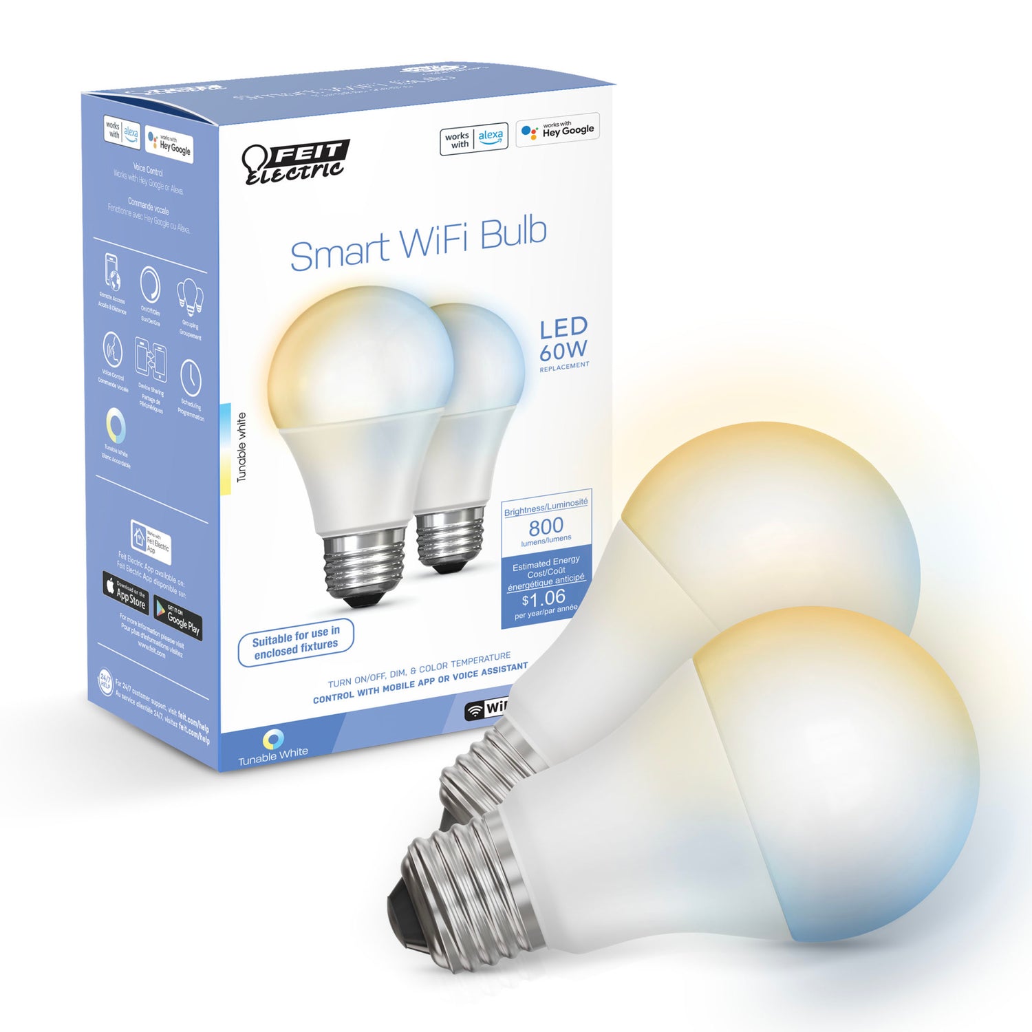 8.8W (60W Replacement) Tunable White E26 Base A19 Smart WiFi LED Light Bulb (2-Pack)