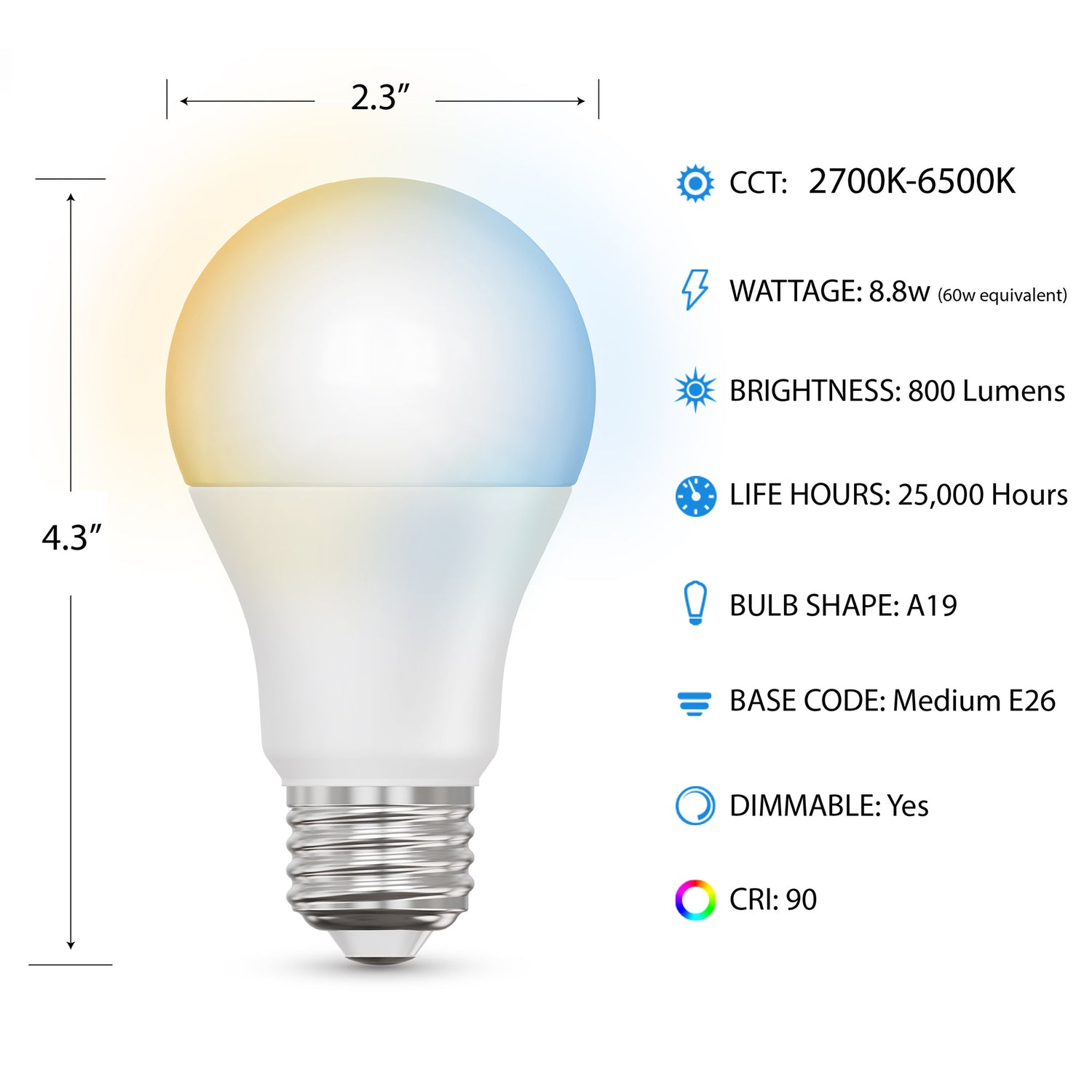 8.8W (60W Replacement) Tunable White E26 Base A19 Smart WiFi LED Light Bulb (2-Pack)