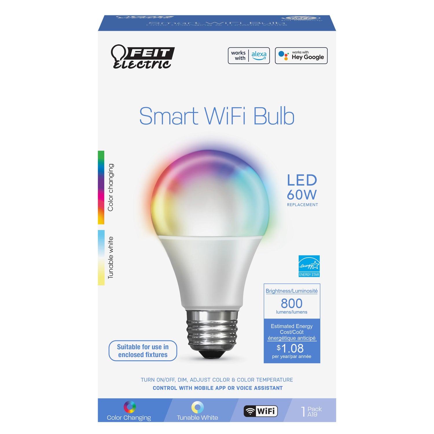 9W (60W Replacement) Color Changing RGBW A19 Alexa Google Smart Wi-Fi Bulb