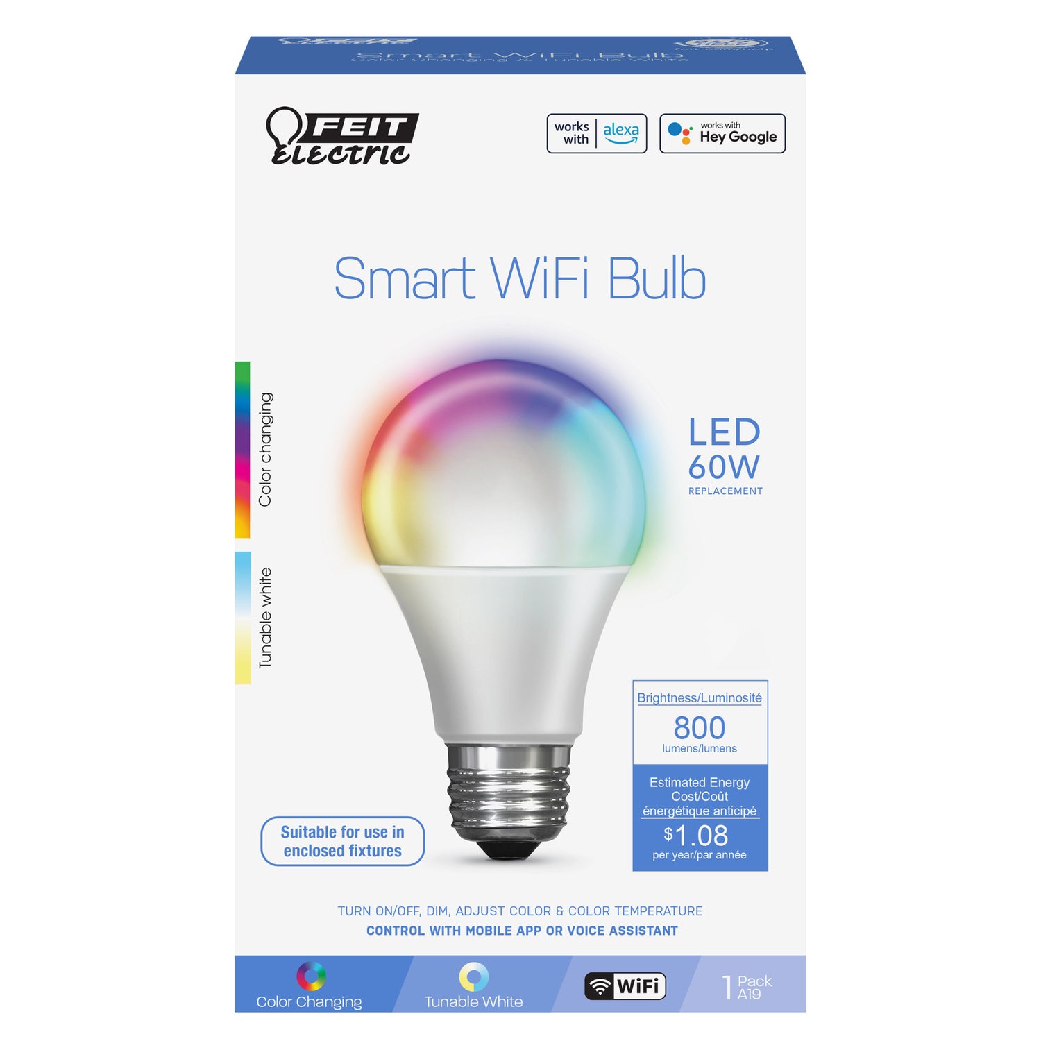 9W (60W Replacement) Color Changing RGBW A19 Alexa Google Smart Wi-Fi Bulb