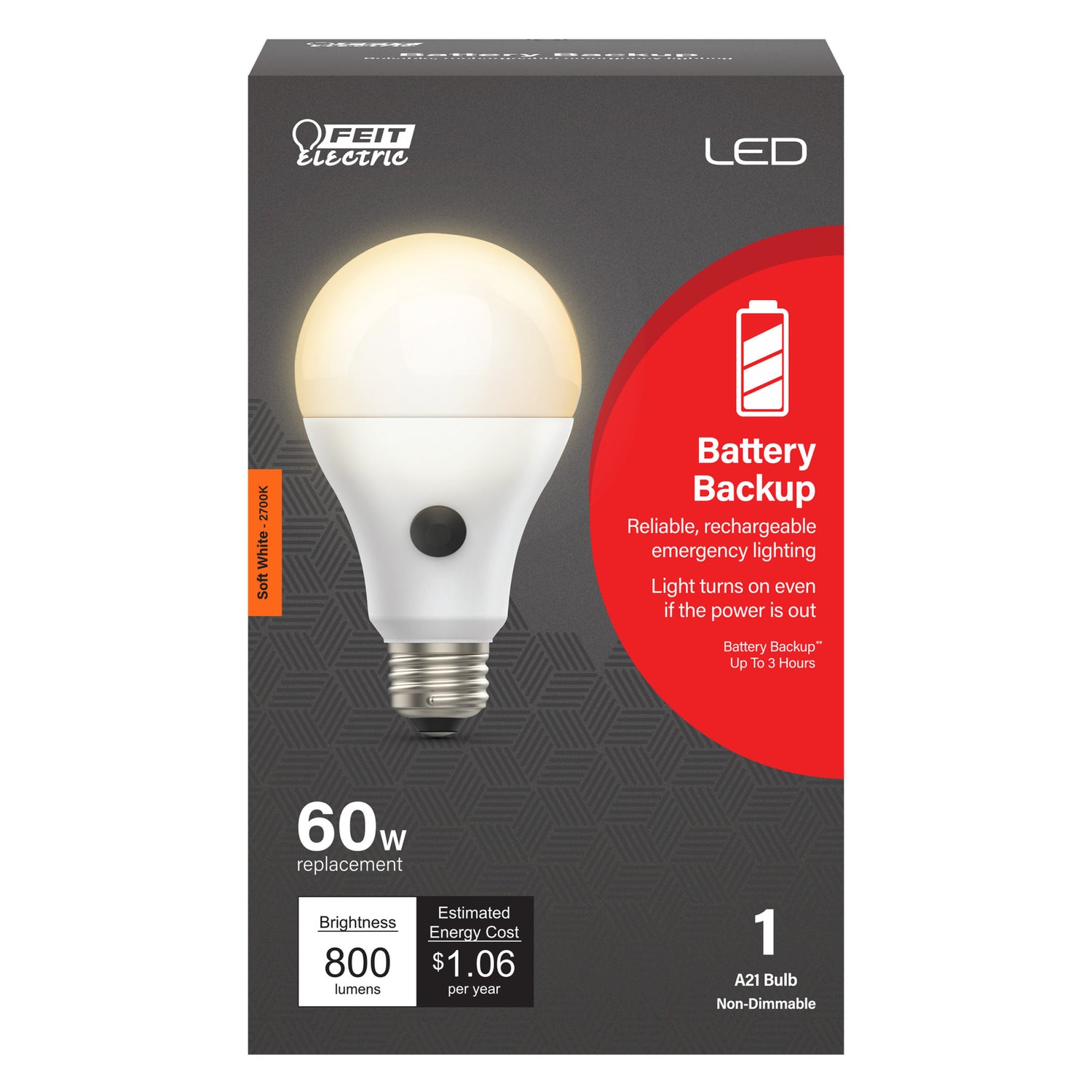 8.8W (60W Replacement) Soft White (2700K) E26 Base A21 LED Bulb with Battery Backup