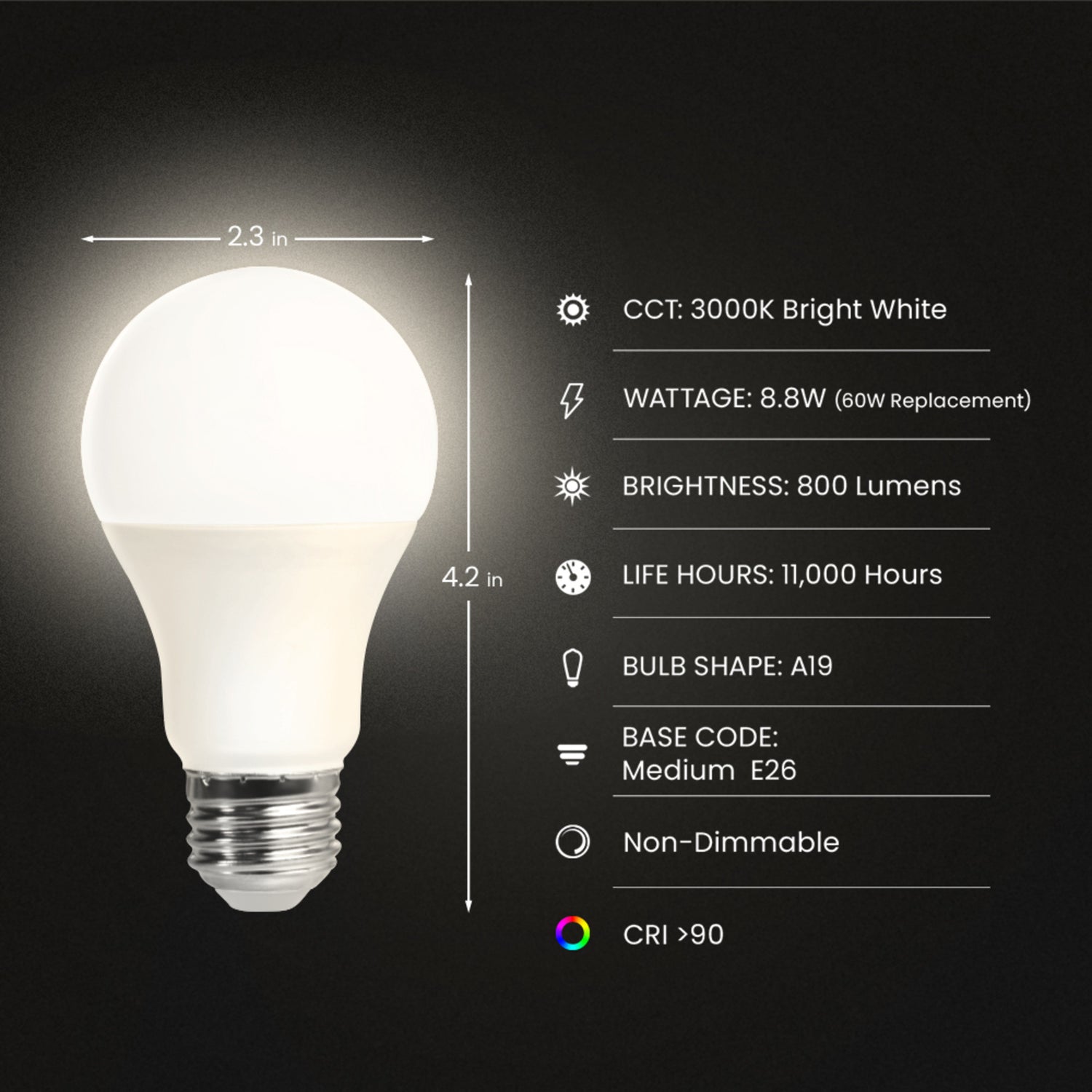 8.8W (60W Replacement) Bright White (3000K) A19 Garage Bulb LED