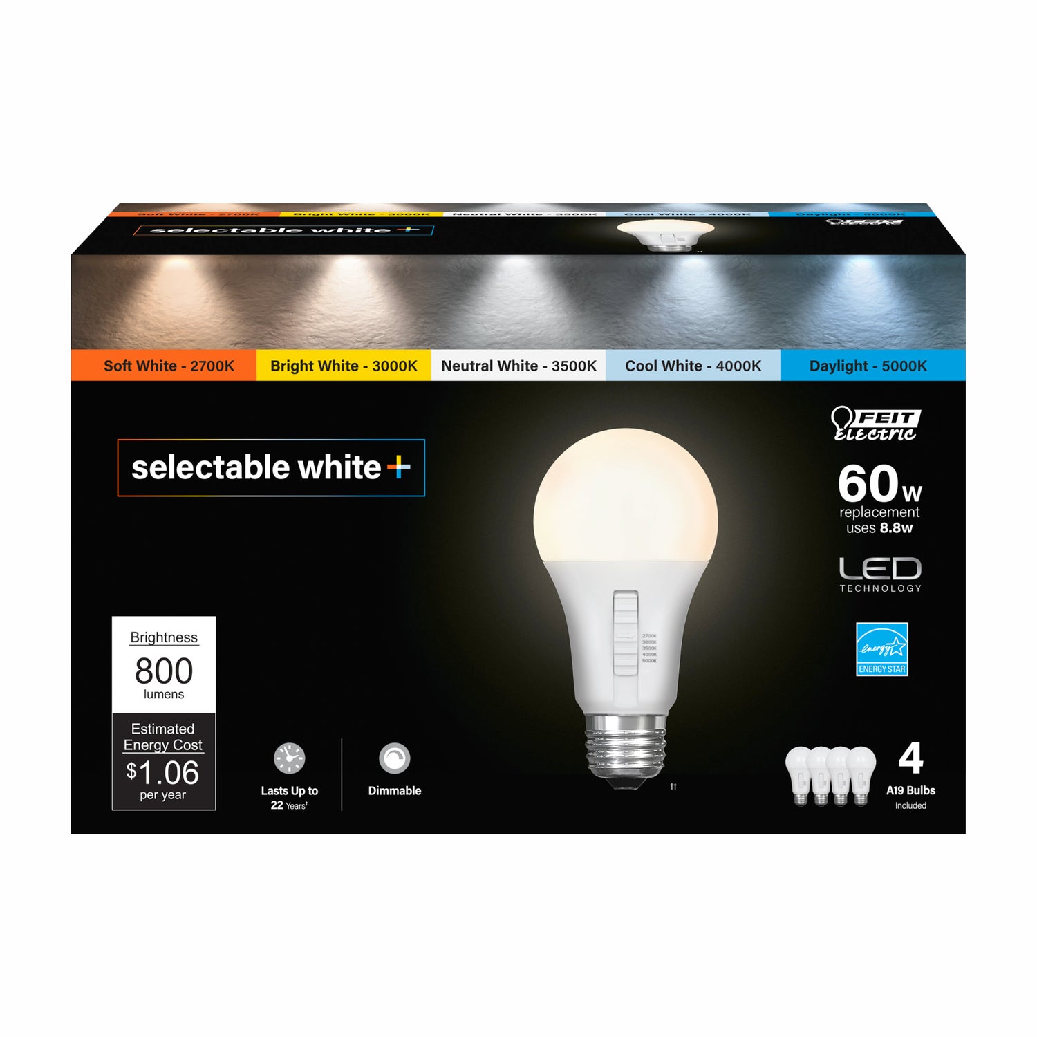 8.8W (60W Replacement) Selectable White A19 E26 Base Dimmable General-Purpose LED Bulb (4-Pack)
