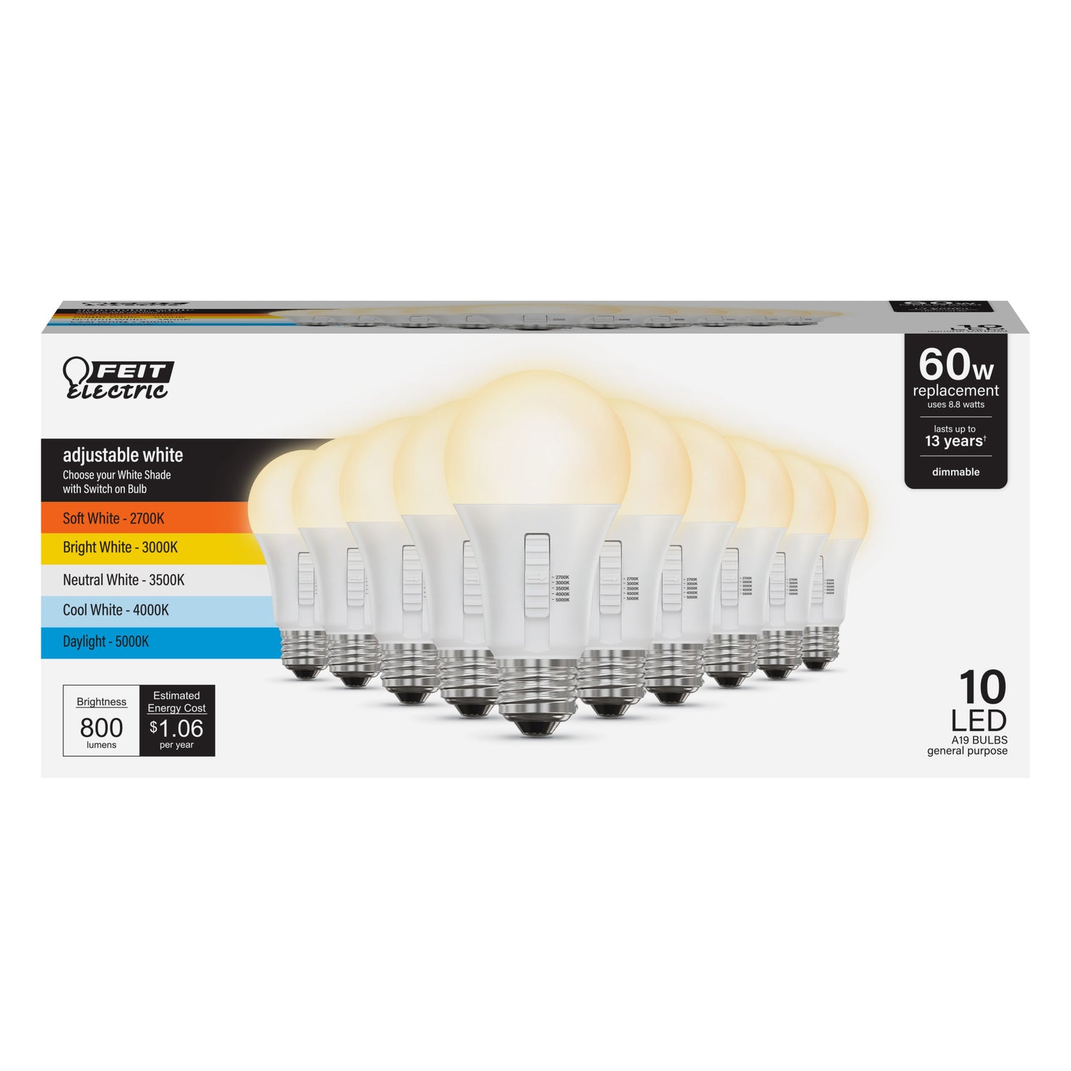 8.8W (60W Replacement) Selectable Color E26 Base A19 LED Bulb (10-Pack)