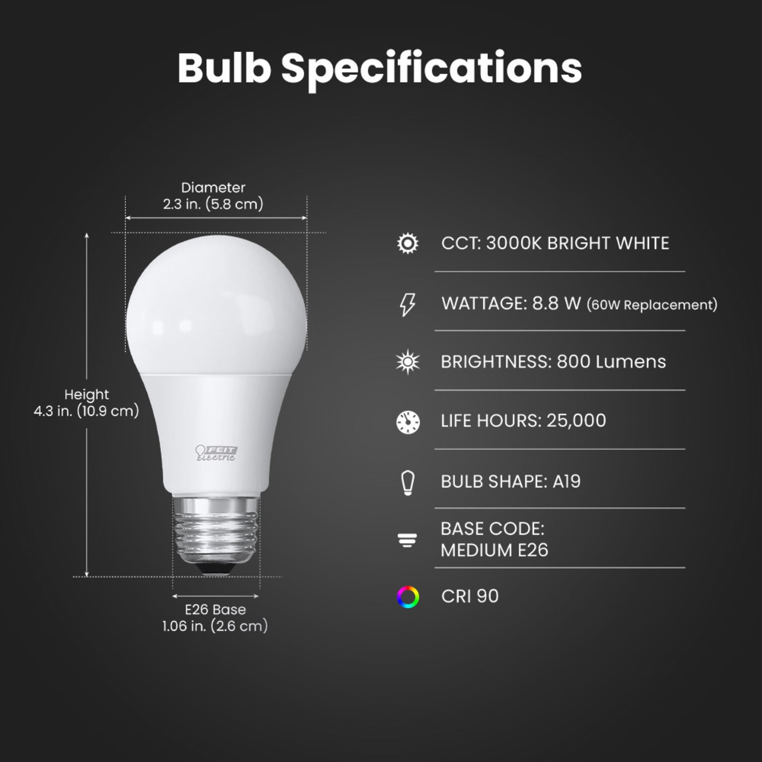 8.8W (60W Replacement) Bright White (3000K) E26 Base A19 Dimmable Enhance LED Light Bulb (4-Pack)