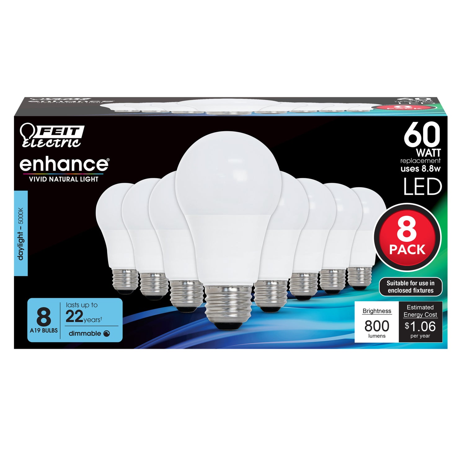 8.8W (60W Replacement) Daylight (5000K) A19 (E26 Base) Dimmable LED Light Bulb (8-Pack)