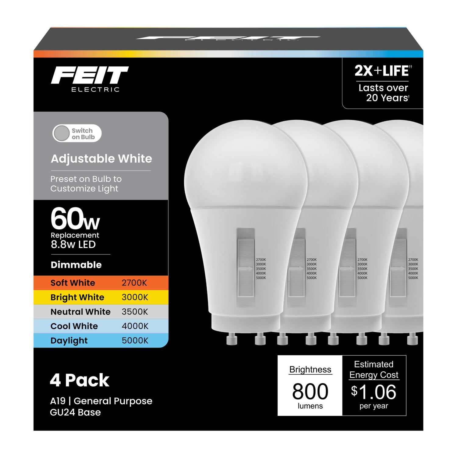 8.8W (60W Replacement) Adjustable White GU24 Base A19 LED Bulb (4-Pack)