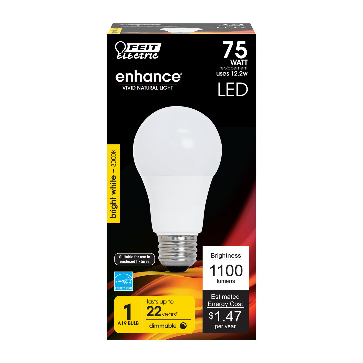 12.2W (75W Replacement) Bright White  (3000K) A19 Dimmable General Purpose LED