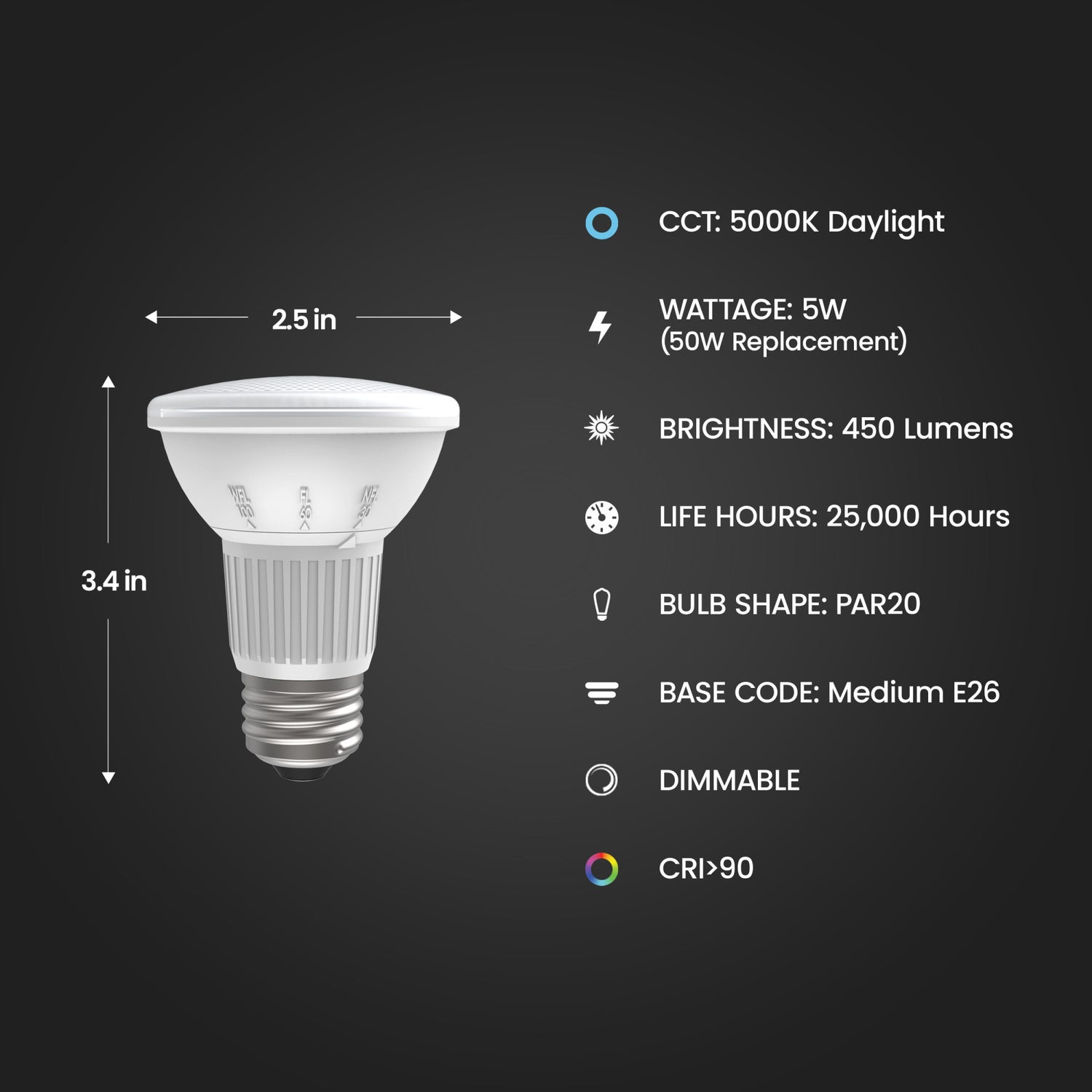 5W (50W Replacement) Daylight (5000K) PAR20 Dimmable BeamChoice LED Light Bulb