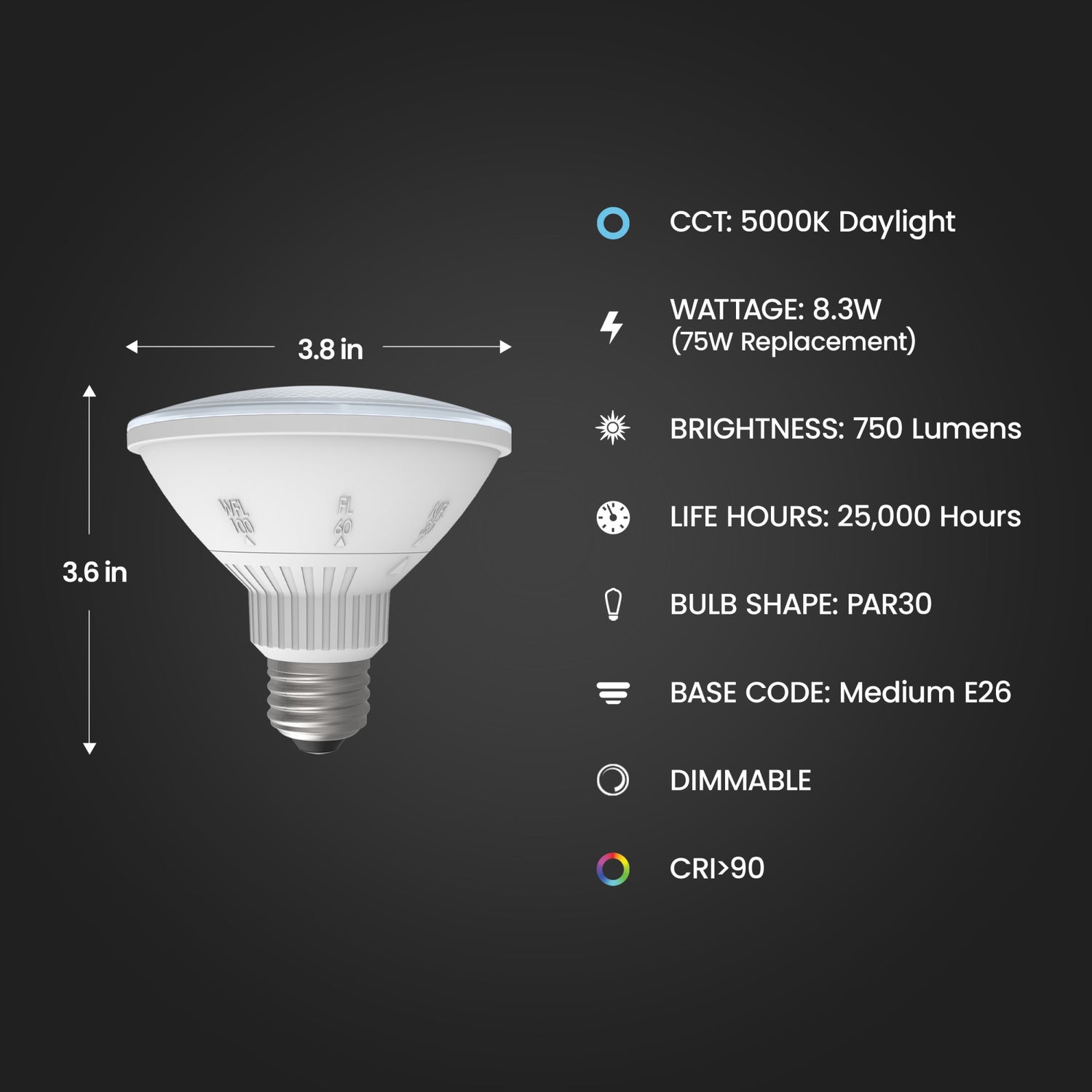 8.3W (75W Replacement) Daylight (5000K) Short PAR30 Adjustable Angle Reflector LED