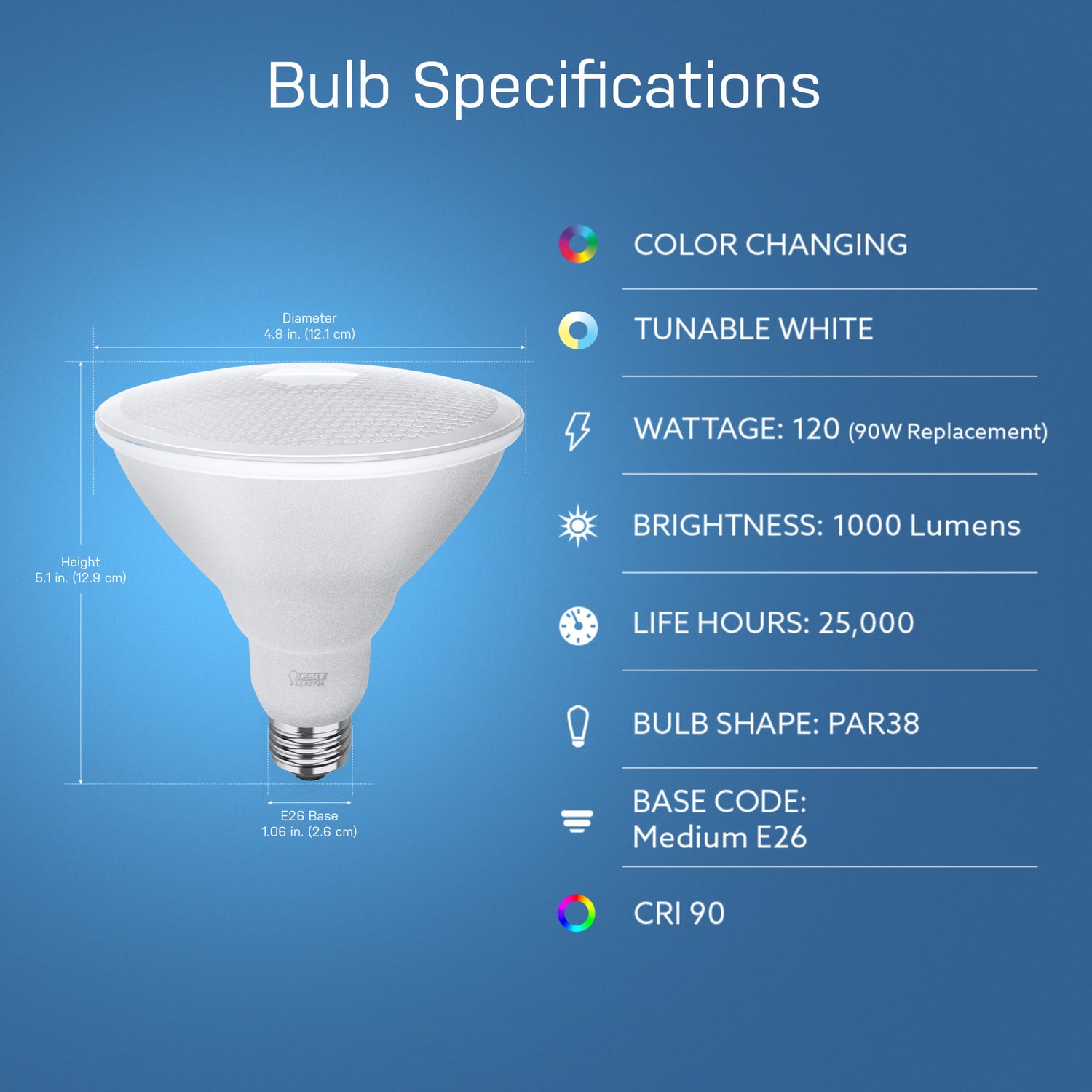 11.1W (90W Replacement) Color Changing E26 Base PAR38 Dimmable Alexa Google Smart LED Light Bulb