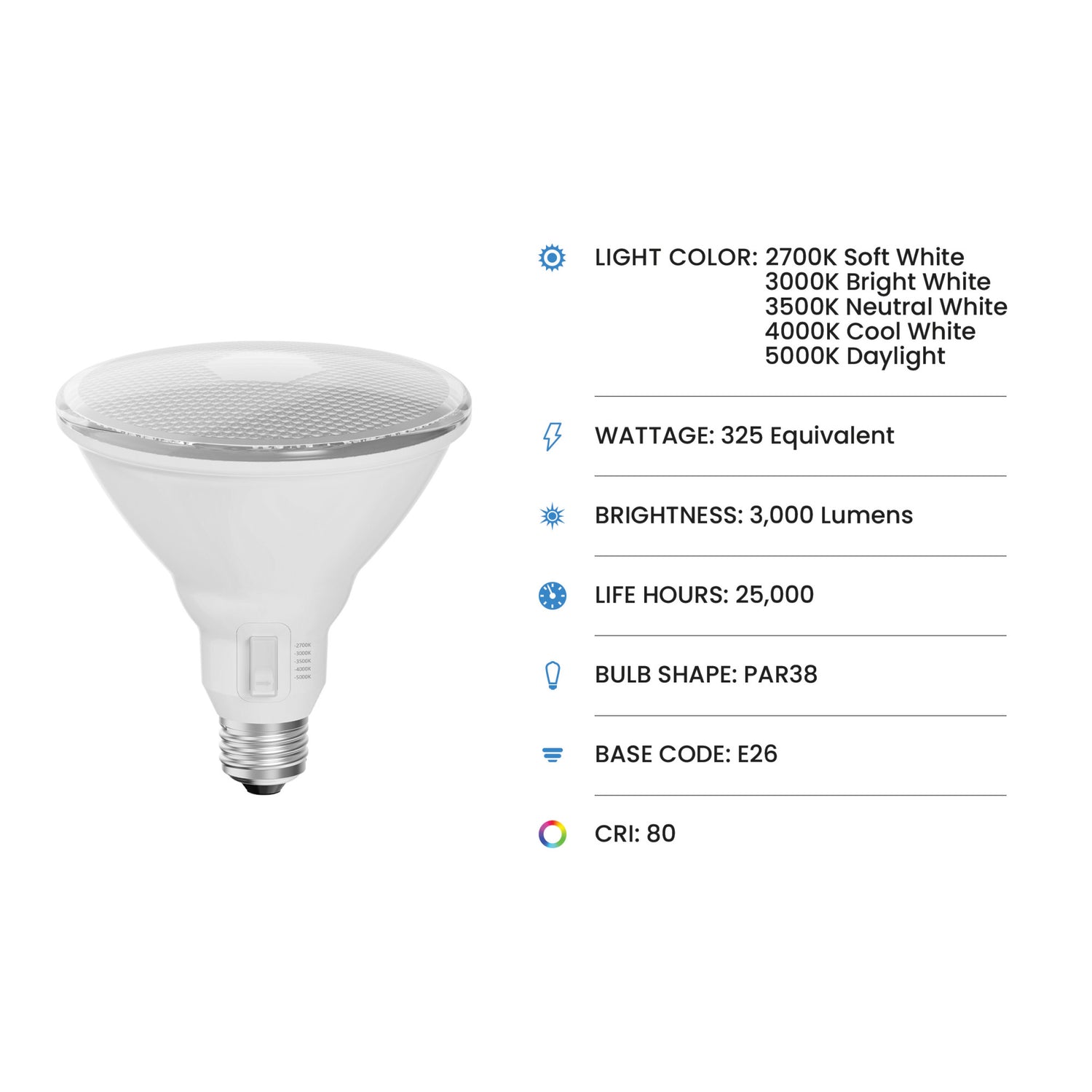 33.3W (325W Replacement) Adjustable White E26 Base PAR38 Dimmable LED Bulb