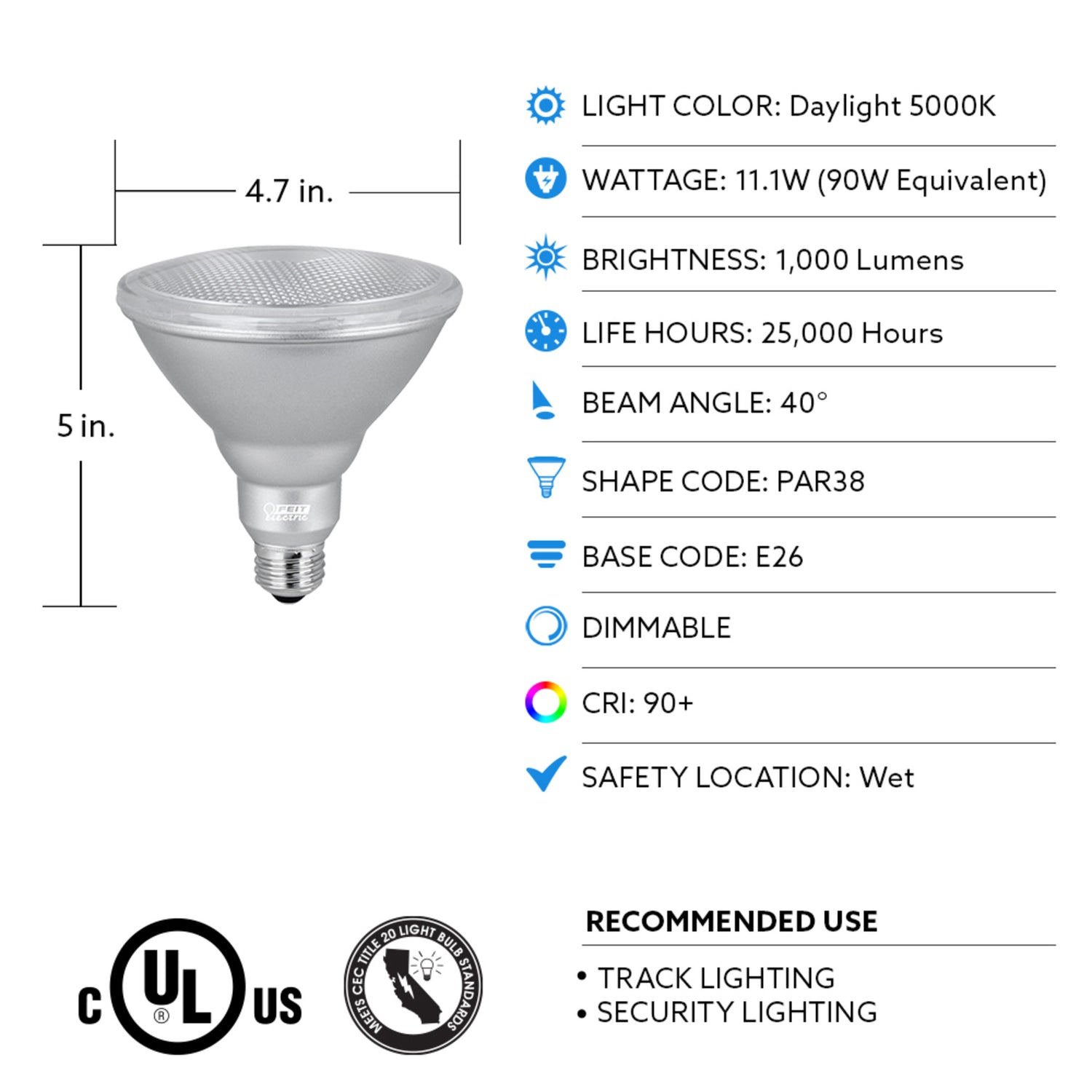 11.1W (90W Replacement) Daylight (5000K) E26 Base PAR38 Dimmable Enhance Reflector LED (2-Pack)