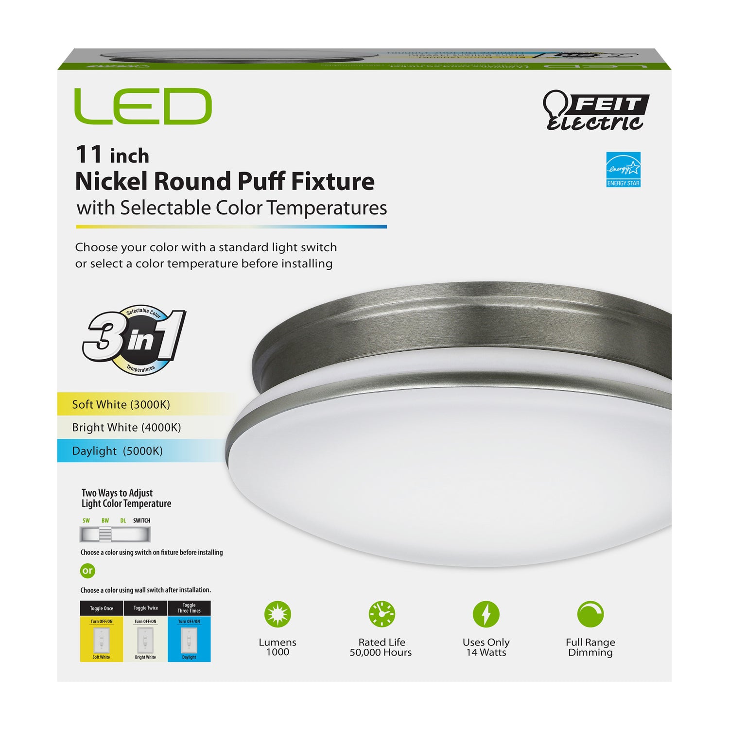 11 in. Round 3-in-1 Selectable Color Puff LED Ceiling Fixture