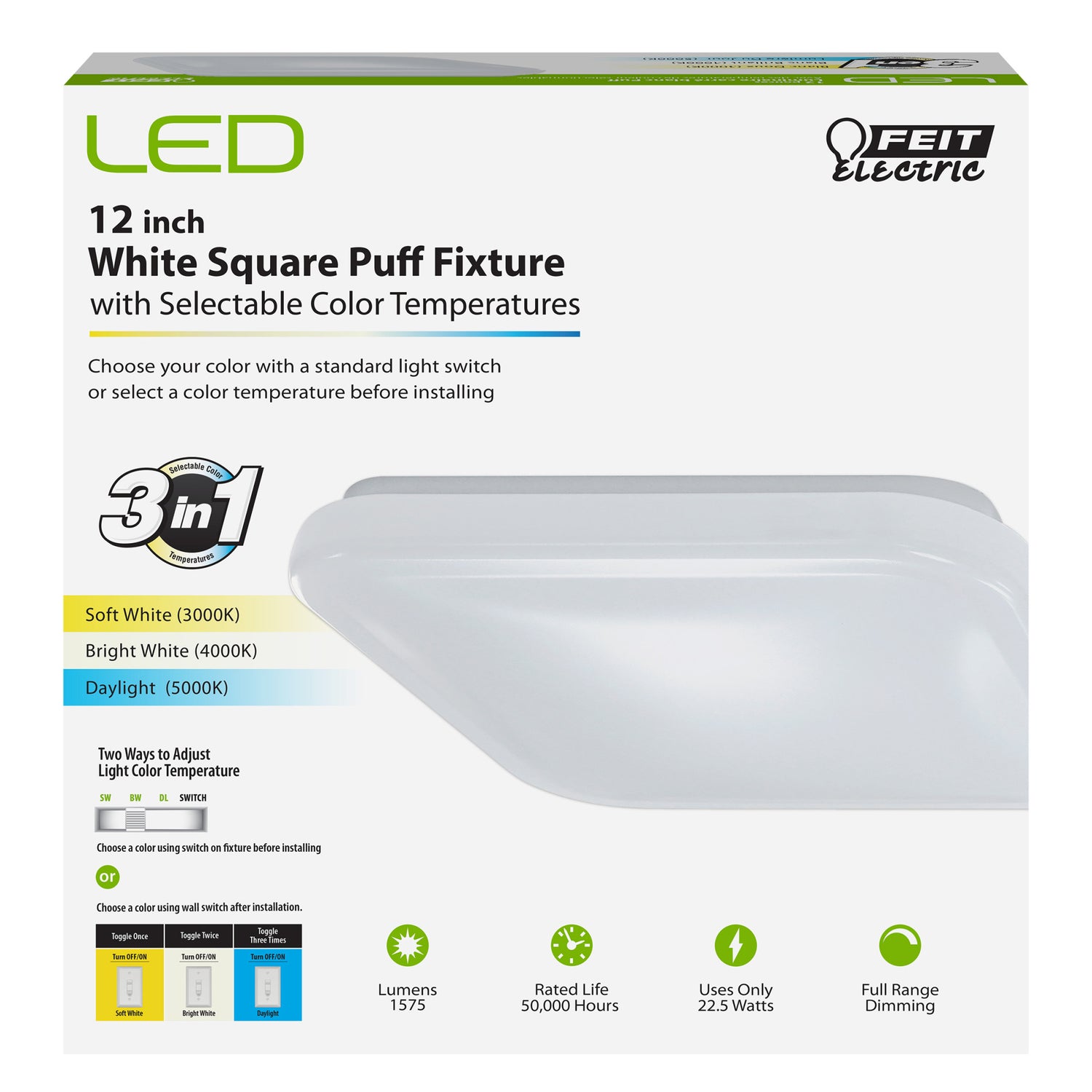 12 in. 22.5 W 3-in-1 Color Selectable Square Puff LED Ceiling Fixture