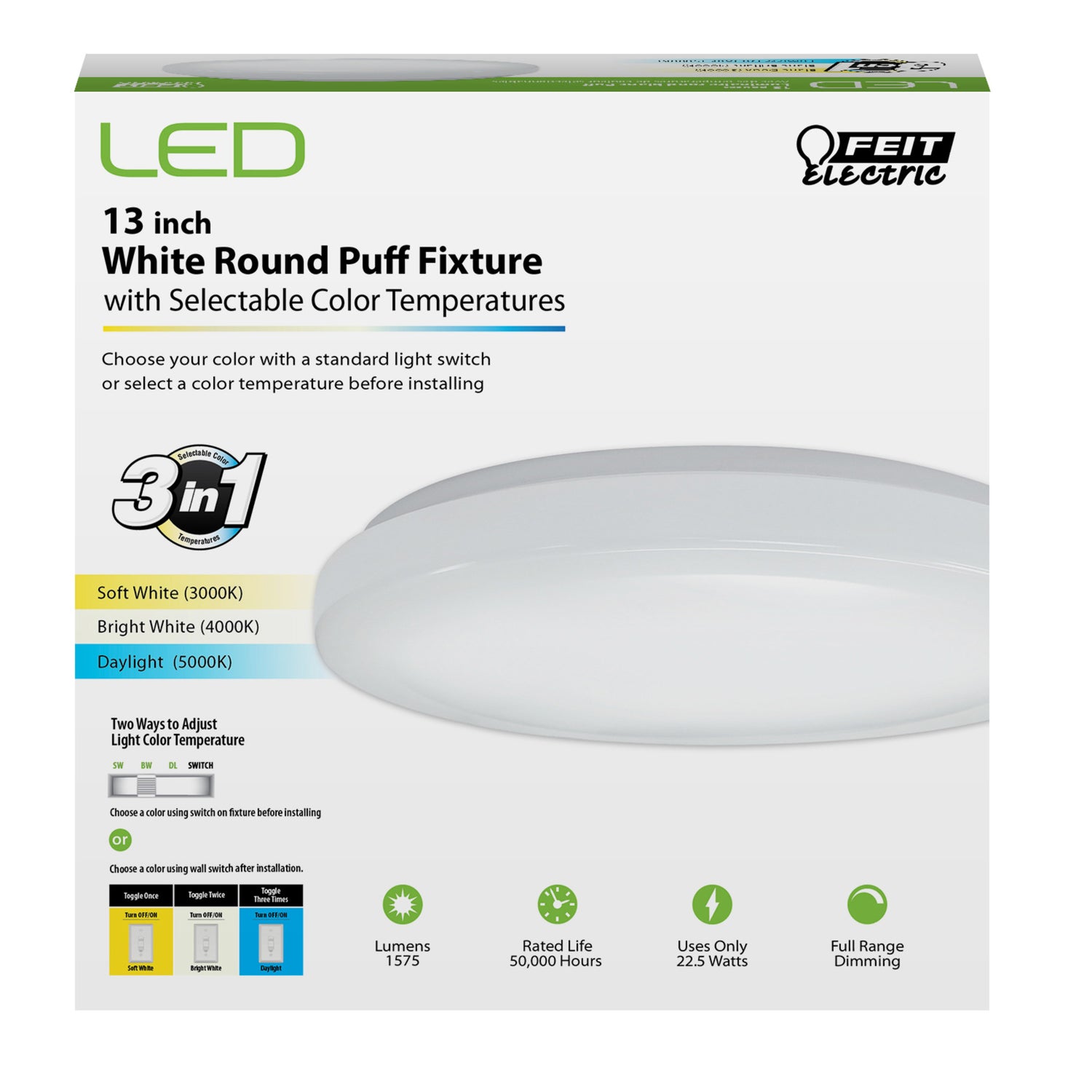 13 in. 3-in-1 Color Selectable Round Puff LED Ceiling Fixture