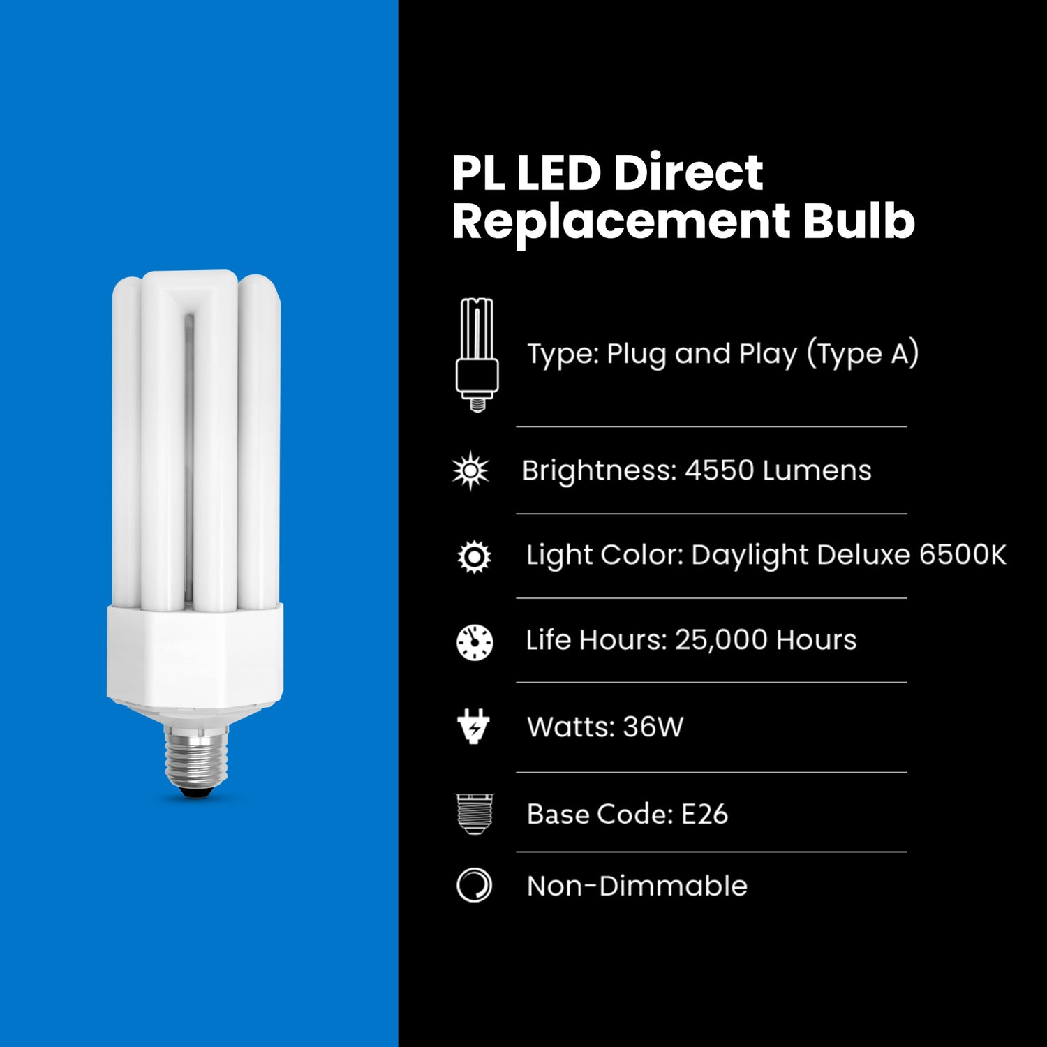 36W (65W Replacement) Daylight (6500K) PL E26/E39 Base Quad Tube LED Bulb