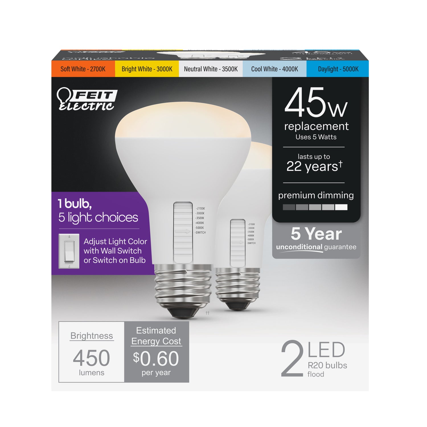 5W (45W Replacement) Selectable White (5CCT) Dimmable R20 LED Bulb (2-Pack)