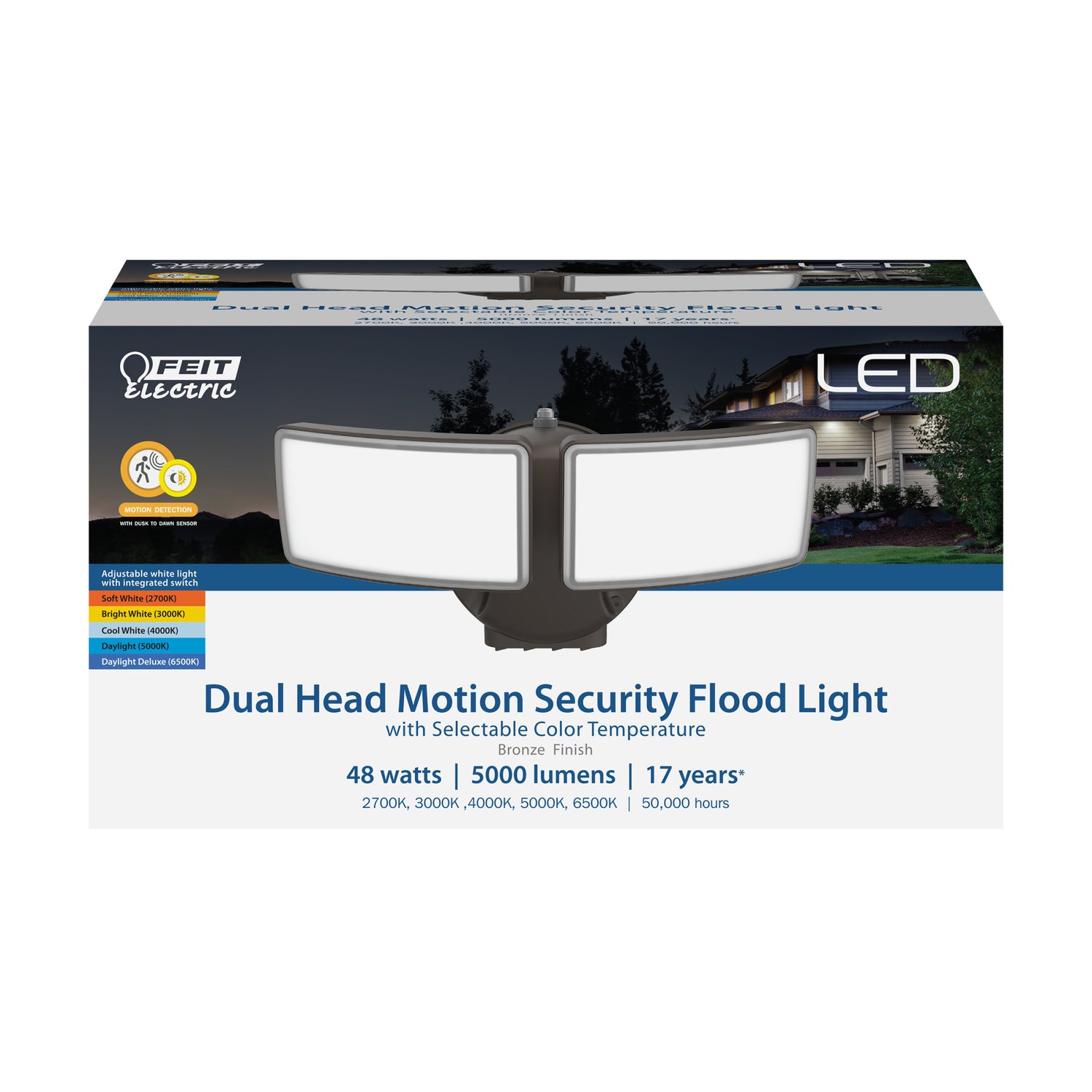 50W 5000L Selectable Color Dual Head LED Motion Security Flood Light, Bronze