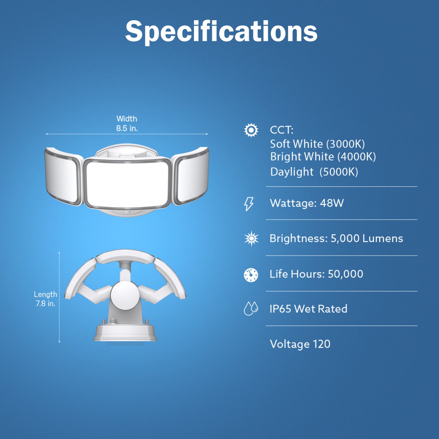 10.5 in. 48W Selectable White (3CCT) White LED Triple Head Flood Light