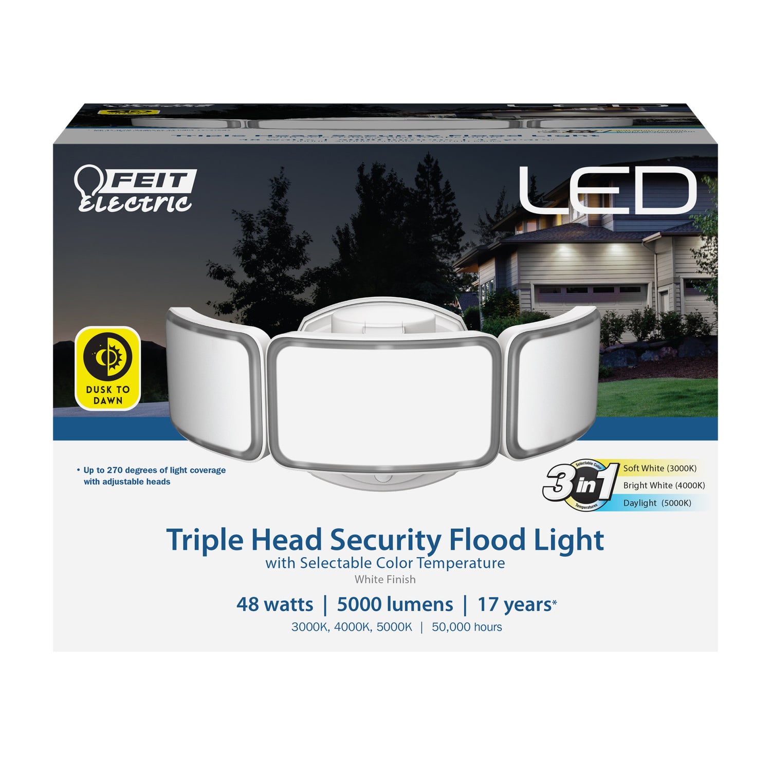 10.5 in. 48W Selectable White (3CCT) White LED Triple Head Flood Light