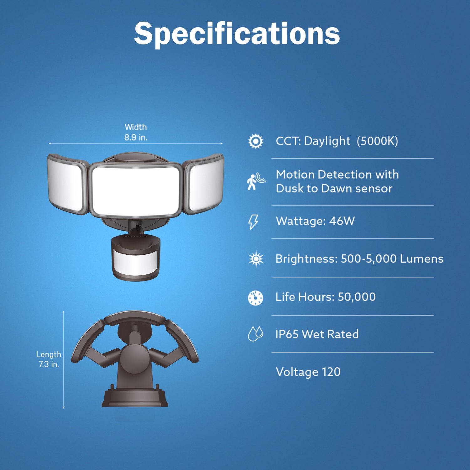 46W Daylight (5000K) Bronze Triple Head Dusk to Dawn Motion Sensor LED Flood Light