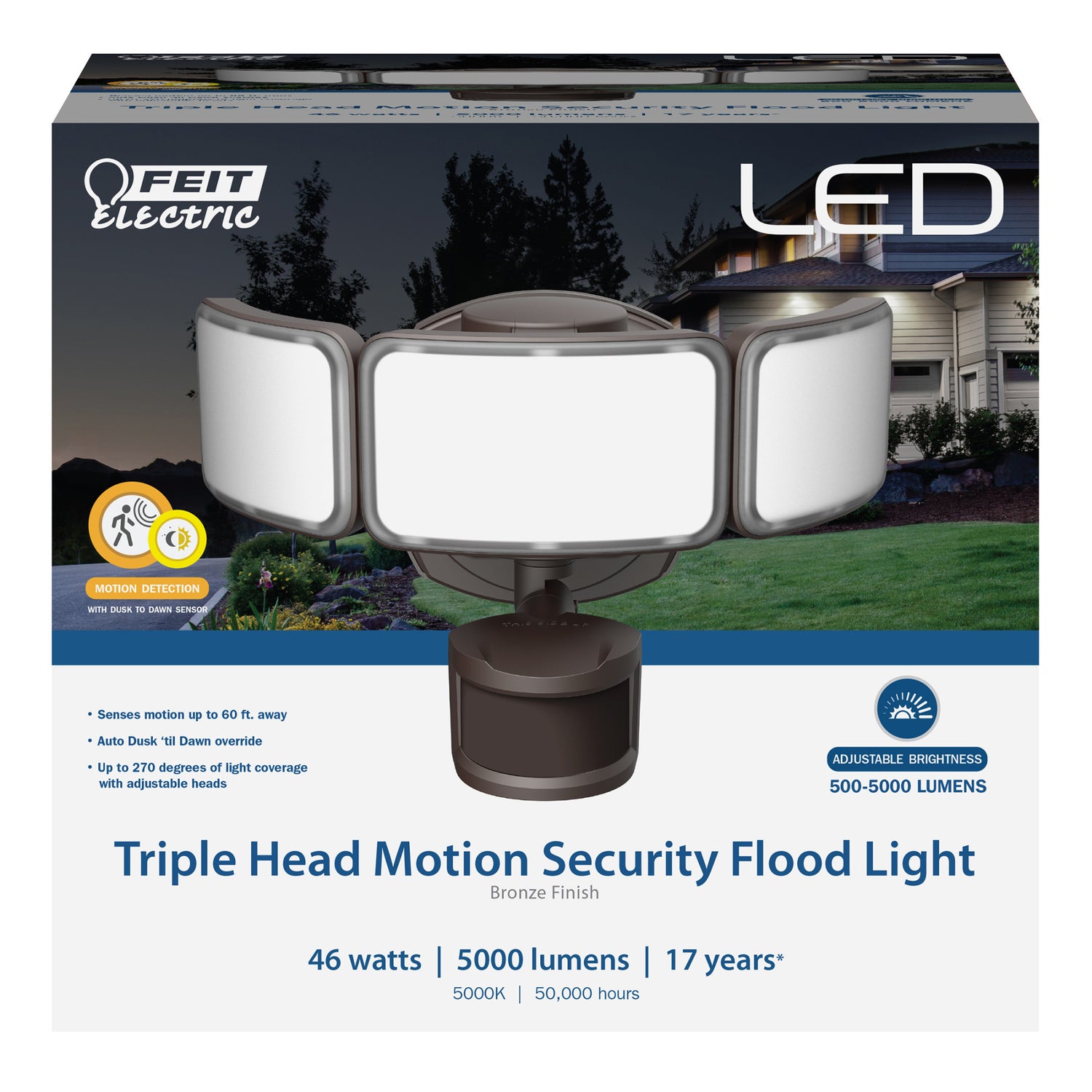 46W Daylight (5000K) Bronze Triple Head Dusk to Dawn Motion Sensor LED Flood Light