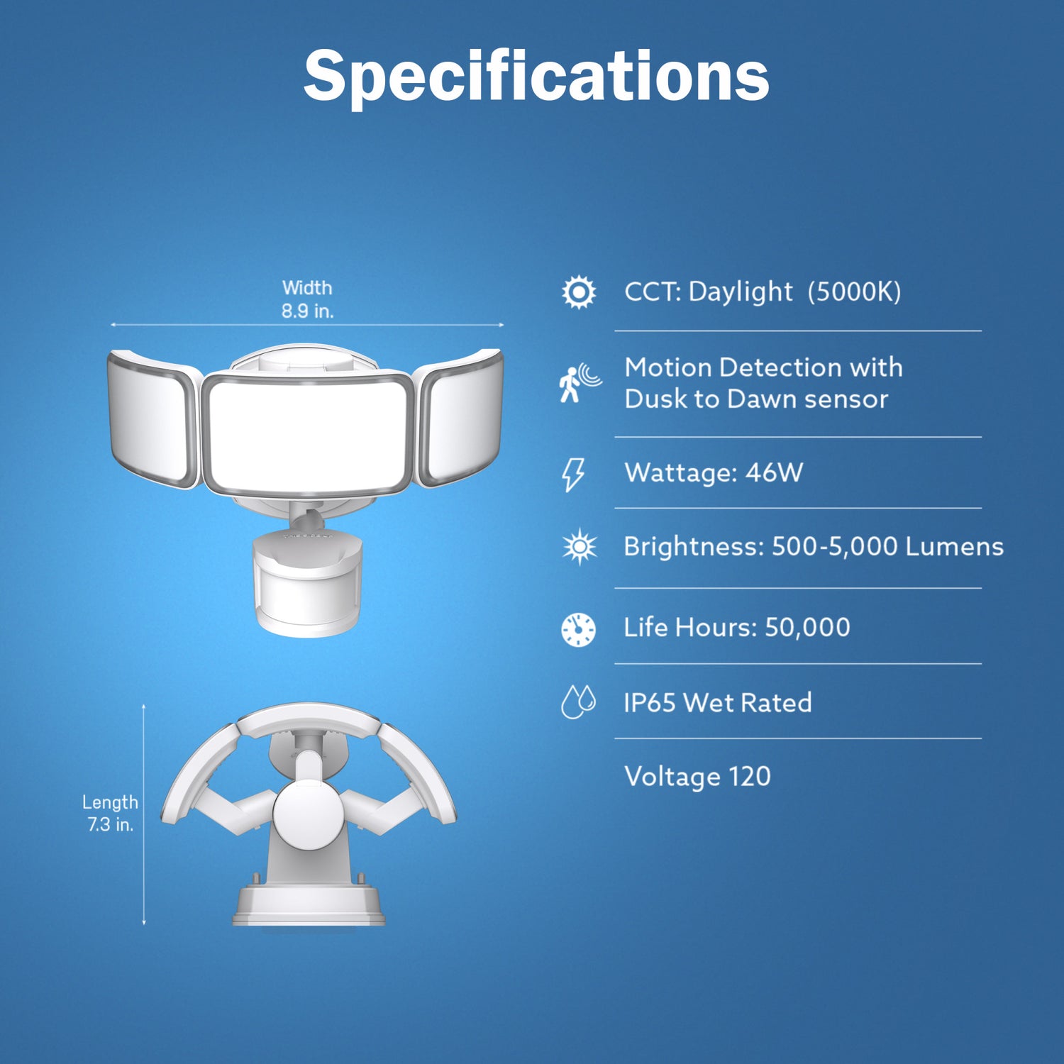 10.5 in. 46W Daylight (5000K) Dimmable White LED Triple Head Motion Security Flood Light