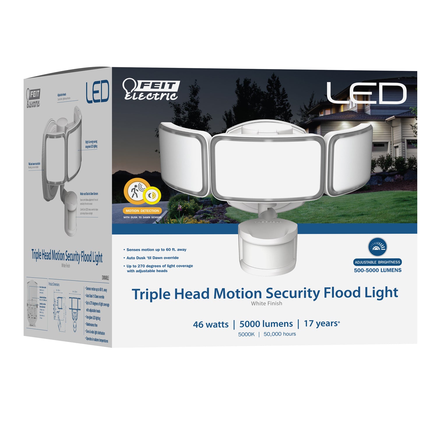 10.5 in. 46W Daylight (5000K) Dimmable White LED Triple Head Motion Security Flood Light