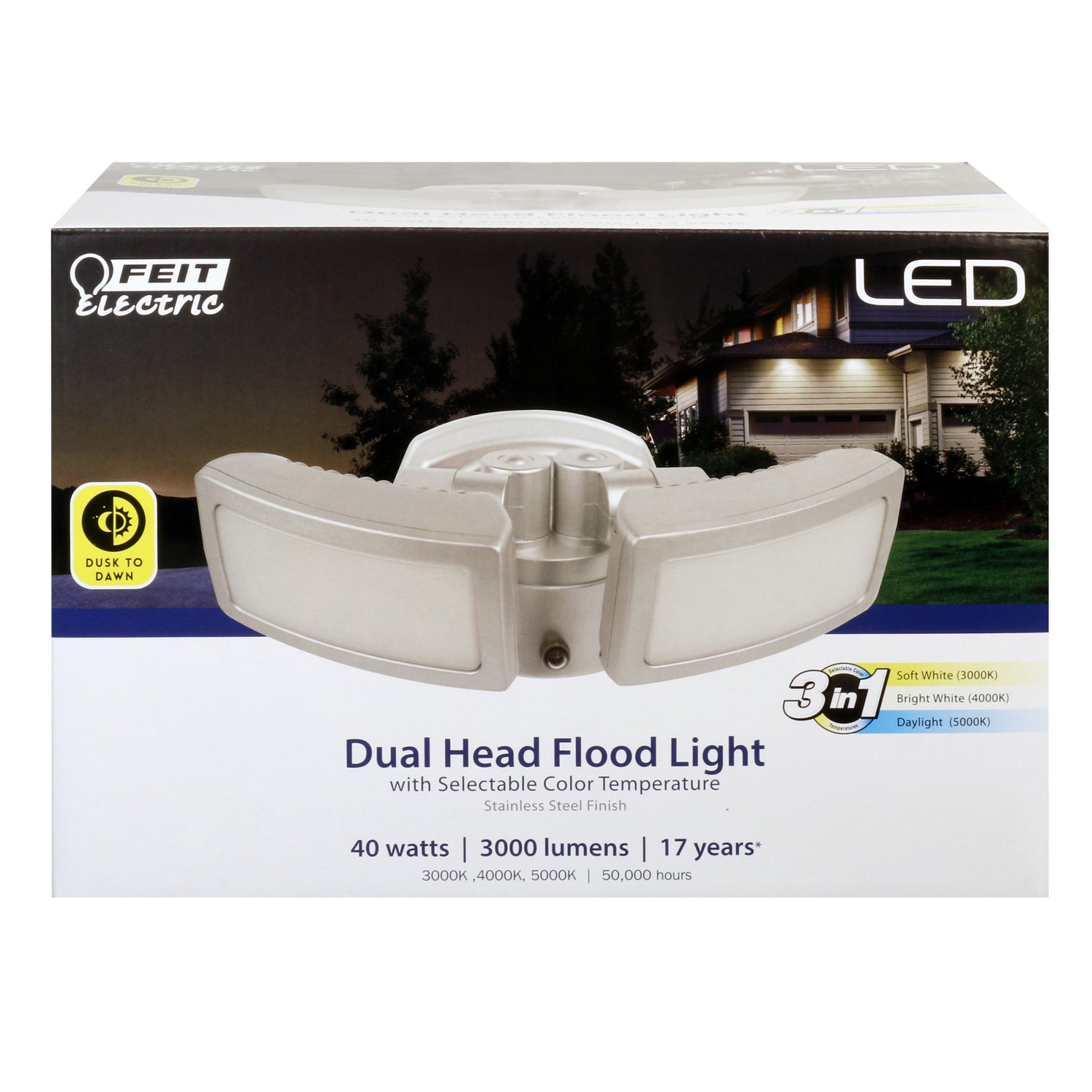 3000 Lumens 3-in-1 Adjustable White Dual Head Dusk to Dawn LED Security Light